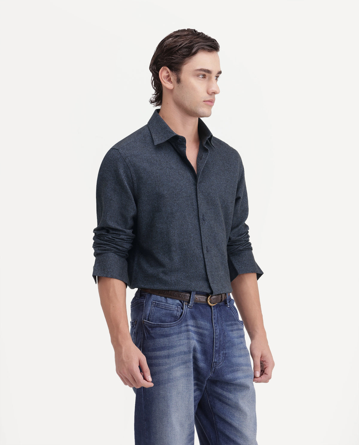 Rare Rabbit Men's Flark Dark Grey Cotton Spread Collar Regular Plain Shirt