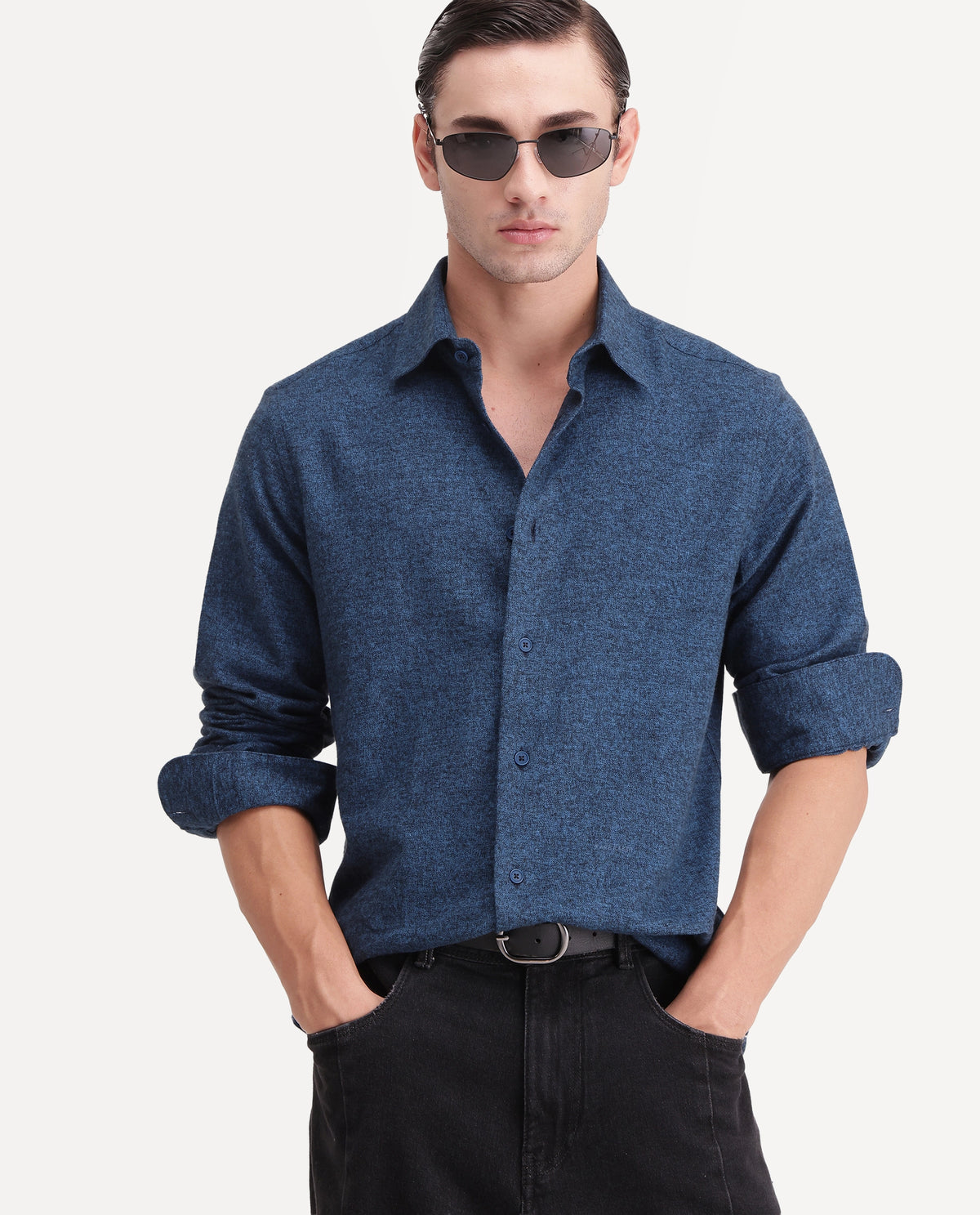 Rare Rabbit Men's Flark Dark Blue Cotton Spread Collar Regular Plain Shirt