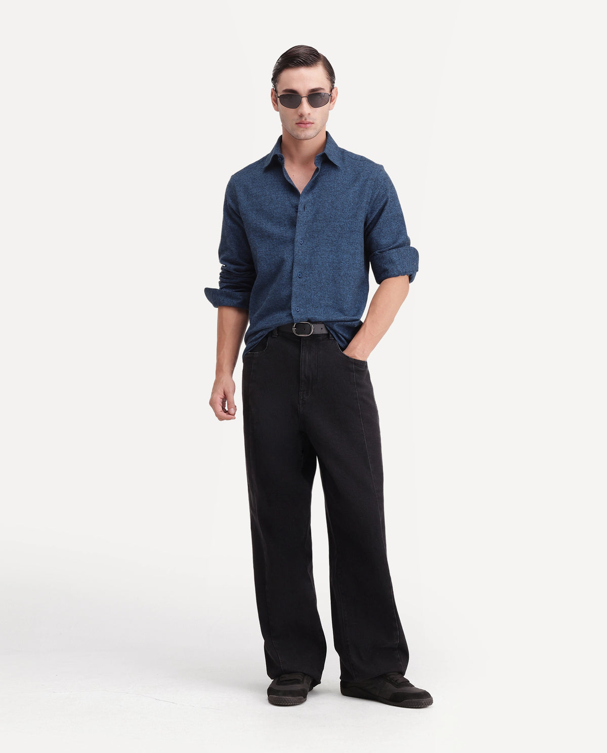 Rare Rabbit Men's Flark Dark Blue Cotton Spread Collar Regular Plain Shirt