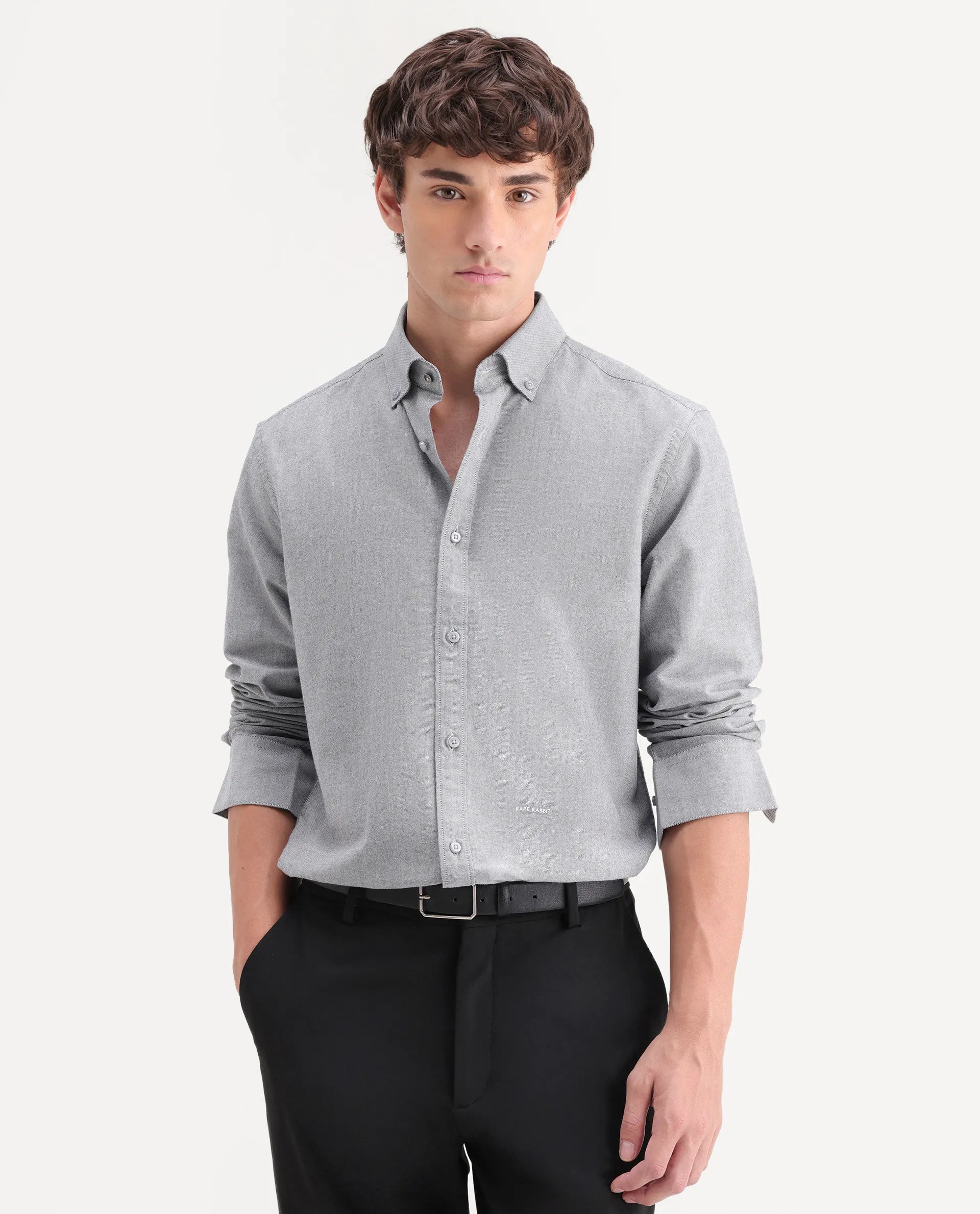 Rare Rabbit Men's Olise Grey Cotton Button-Down Collar Regular Fit Plain Shirt