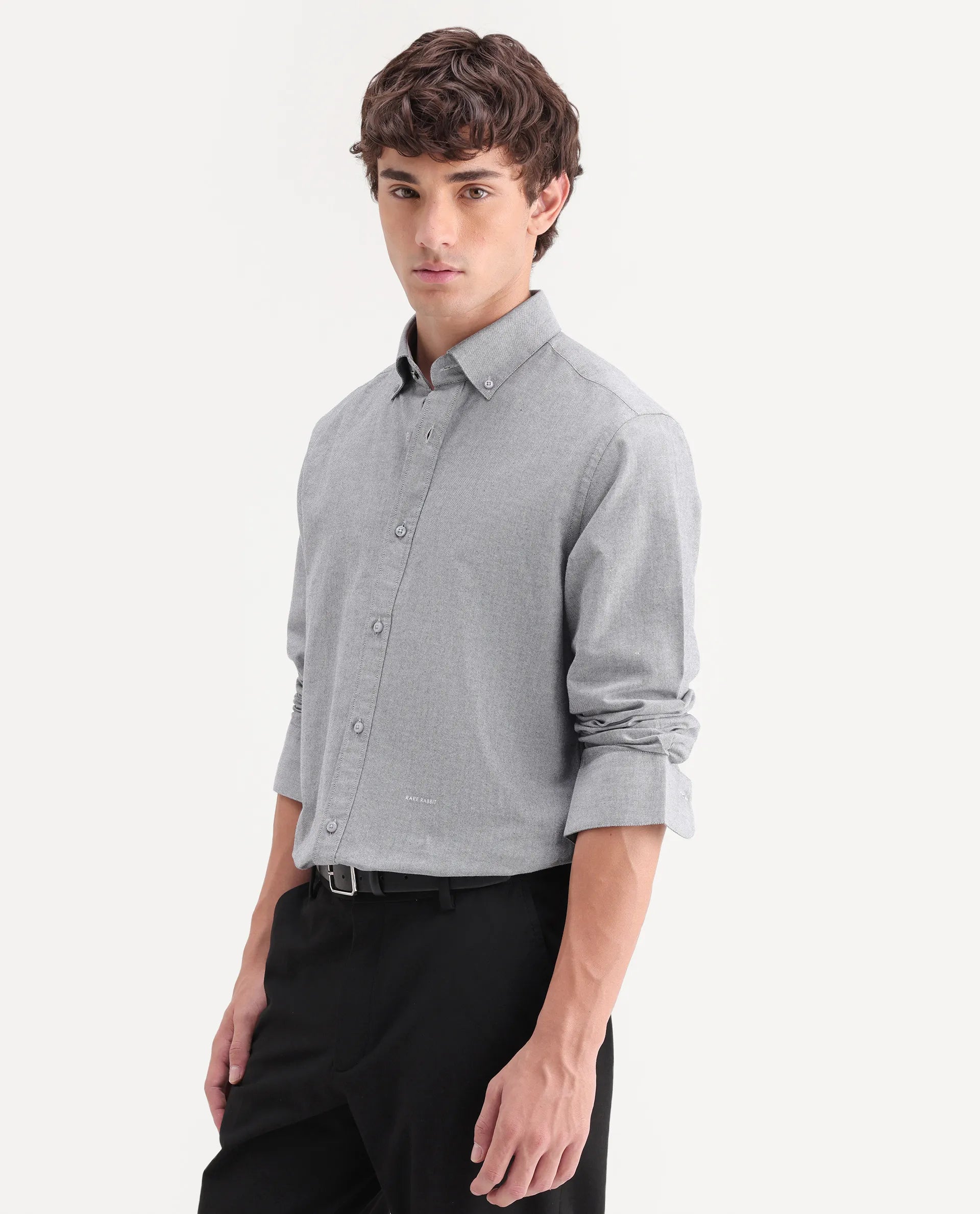 Rare Rabbit Men's Olise Grey Cotton Button-Down Collar Regular Fit Plain Shirt