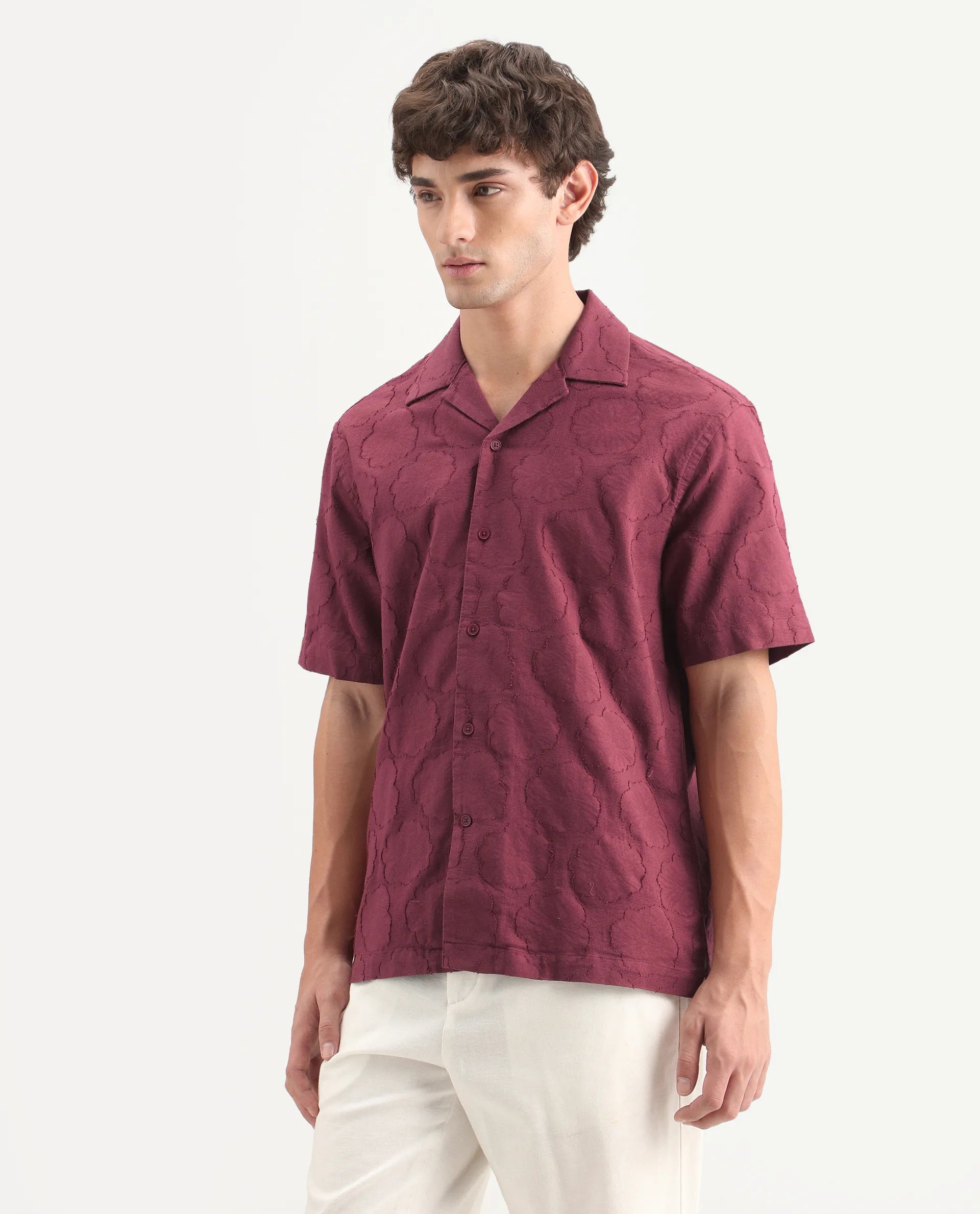 Rare Rabbit Men's Plunt Dark Red Cotton Cuban Collar Button Relaxed Fit Jacquard Print Shirt
