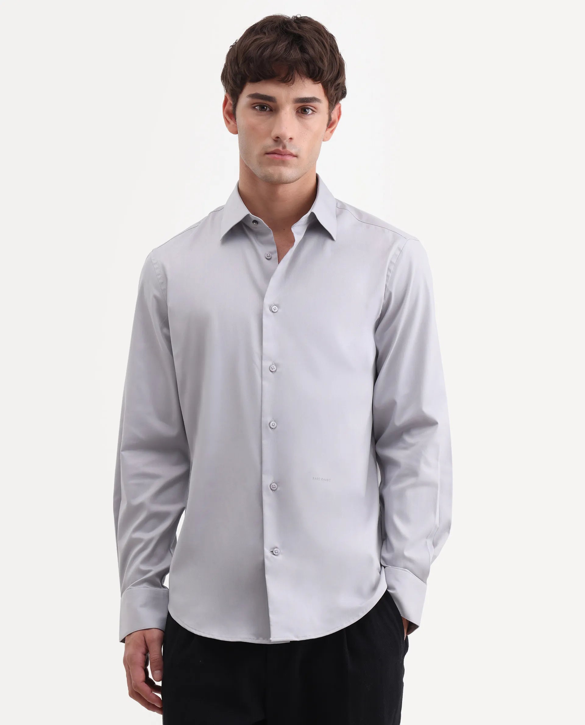 Rare Rabbit Men's Vorta Grey Polyester Blend Spread Collar Regular Plain Shirt
