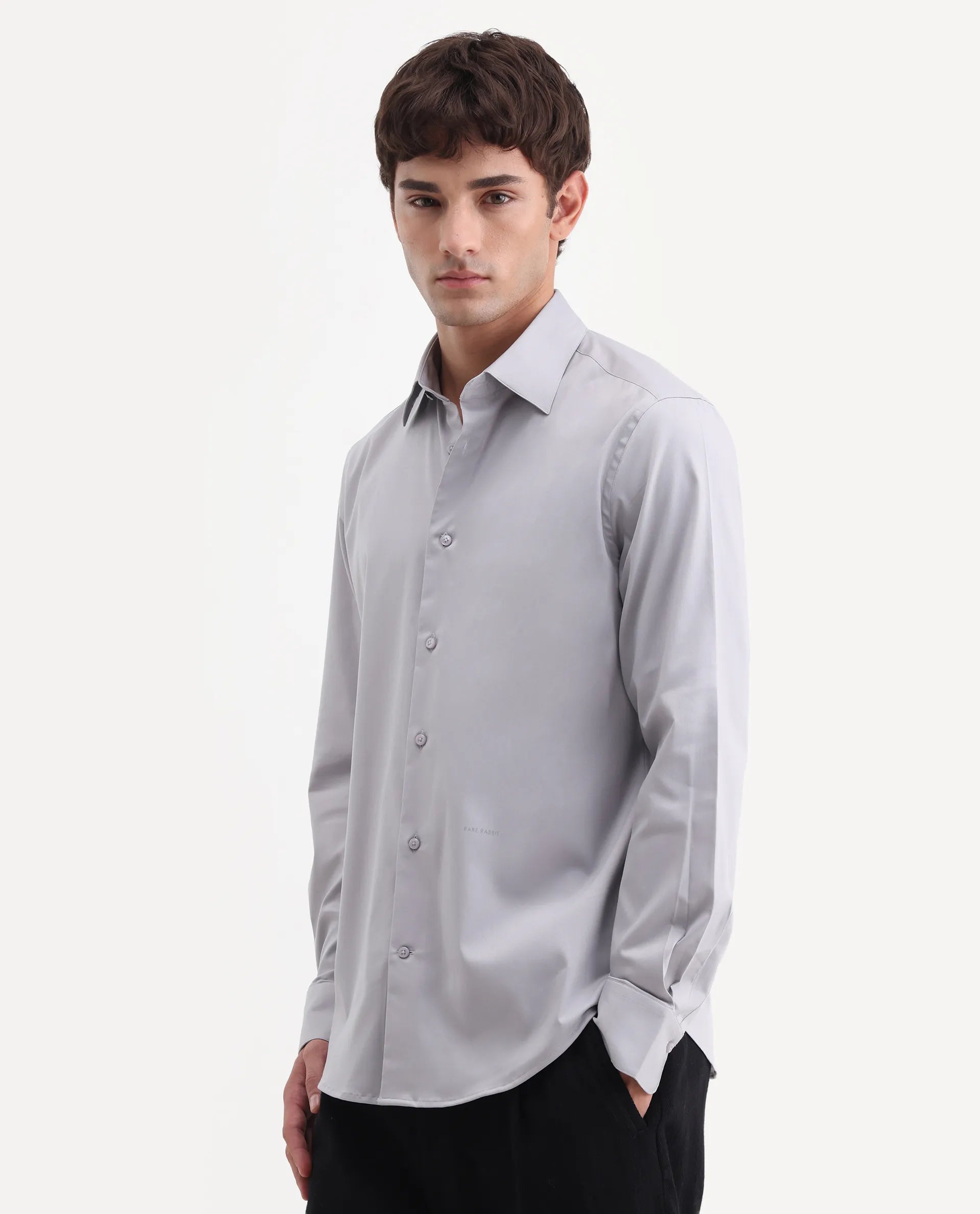 Rare Rabbit Men's Vorta Grey Polyester Blend Spread Collar Regular Plain Shirt