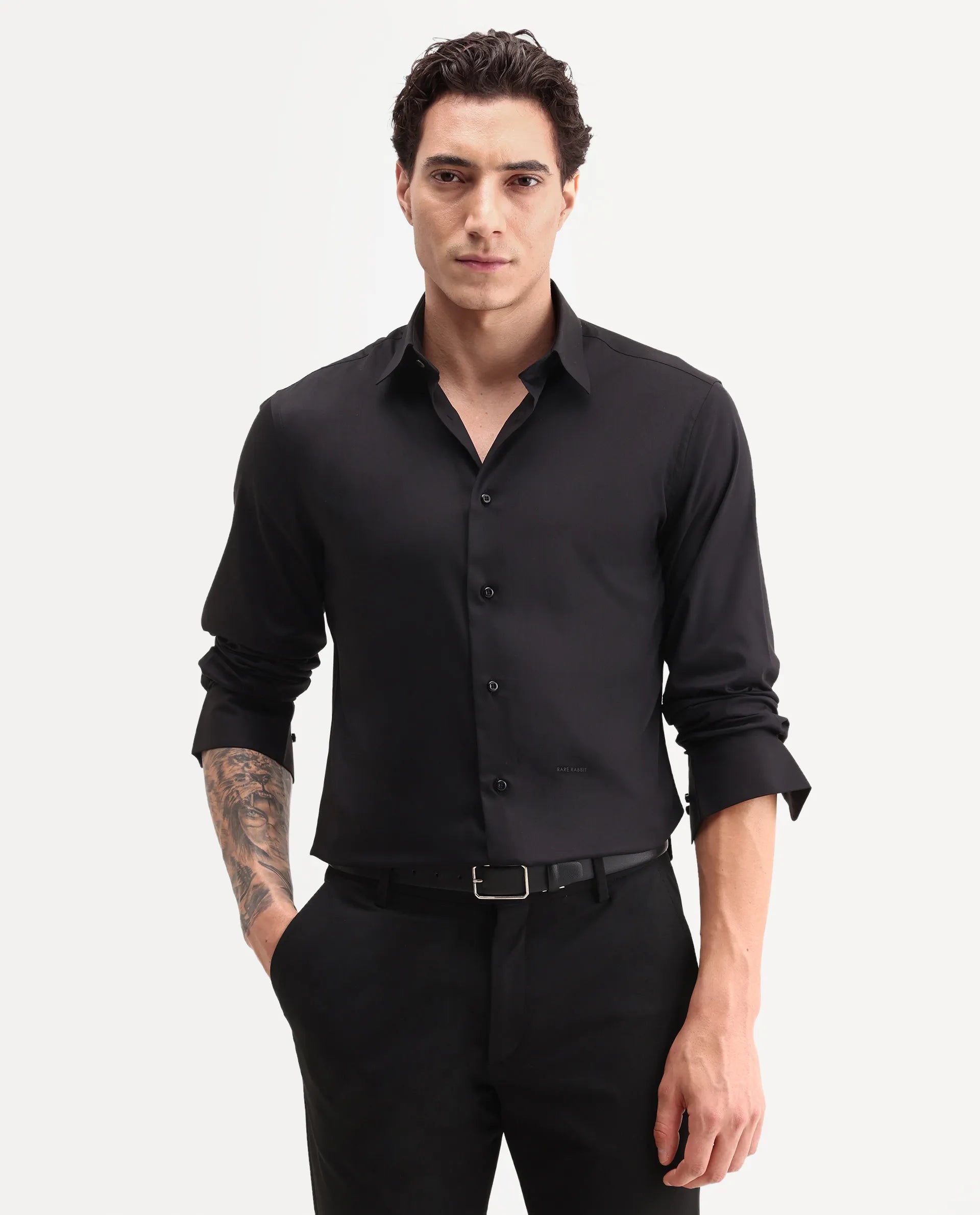 Rare Rabbit Men's Vorta Primary Black Polyester Blend Spread Collar Regular Plain Shirt