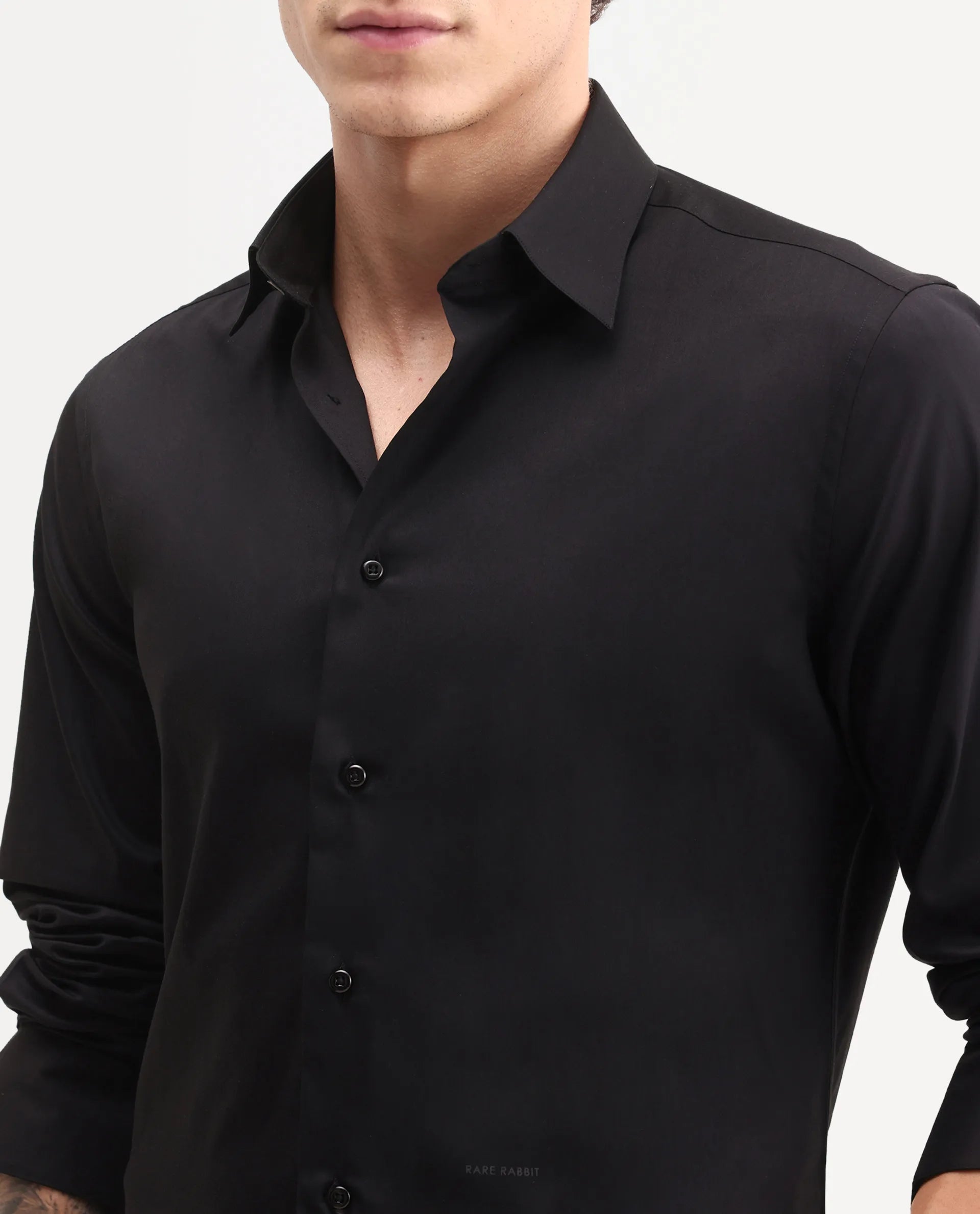Rare Rabbit Men's Vorta Primary Black Polyester Blend Spread Collar Regular Plain Shirt