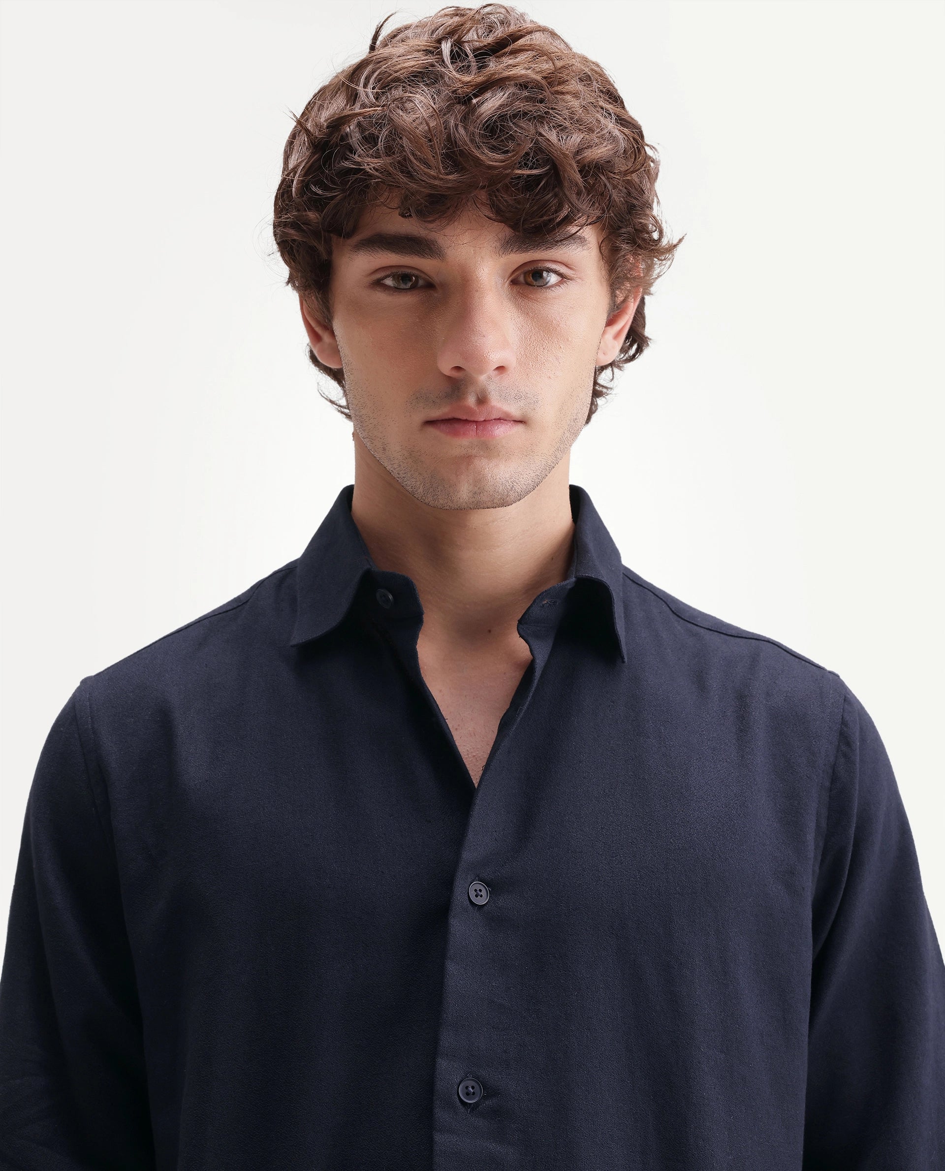 Rare Rabbit Men's Fexa Navy Cotton Blend Spread Collar Regular Plain Shirt
