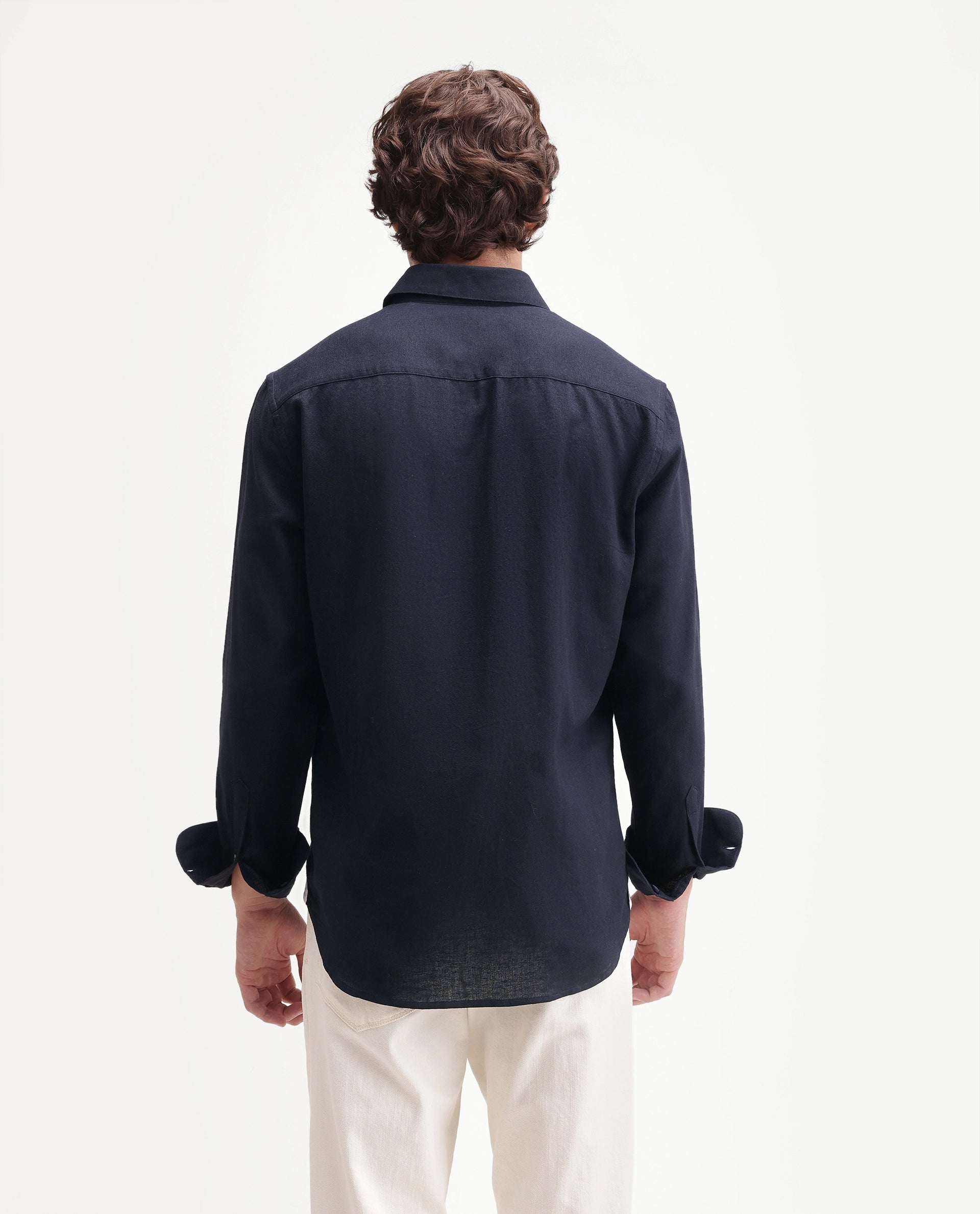 Rare Rabbit Men's Fexa Navy Cotton Blend Spread Collar Regular Plain Shirt