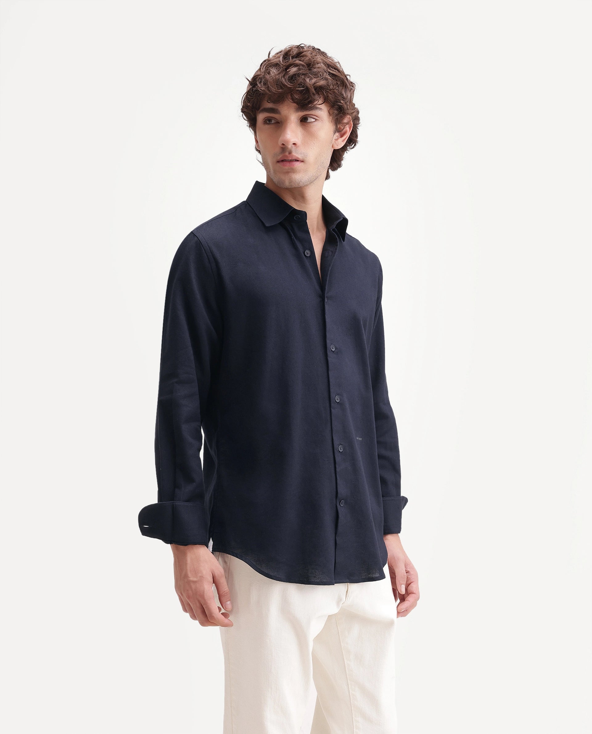 Rare Rabbit Men's Fexa Navy Cotton Blend Spread Collar Regular Plain Shirt