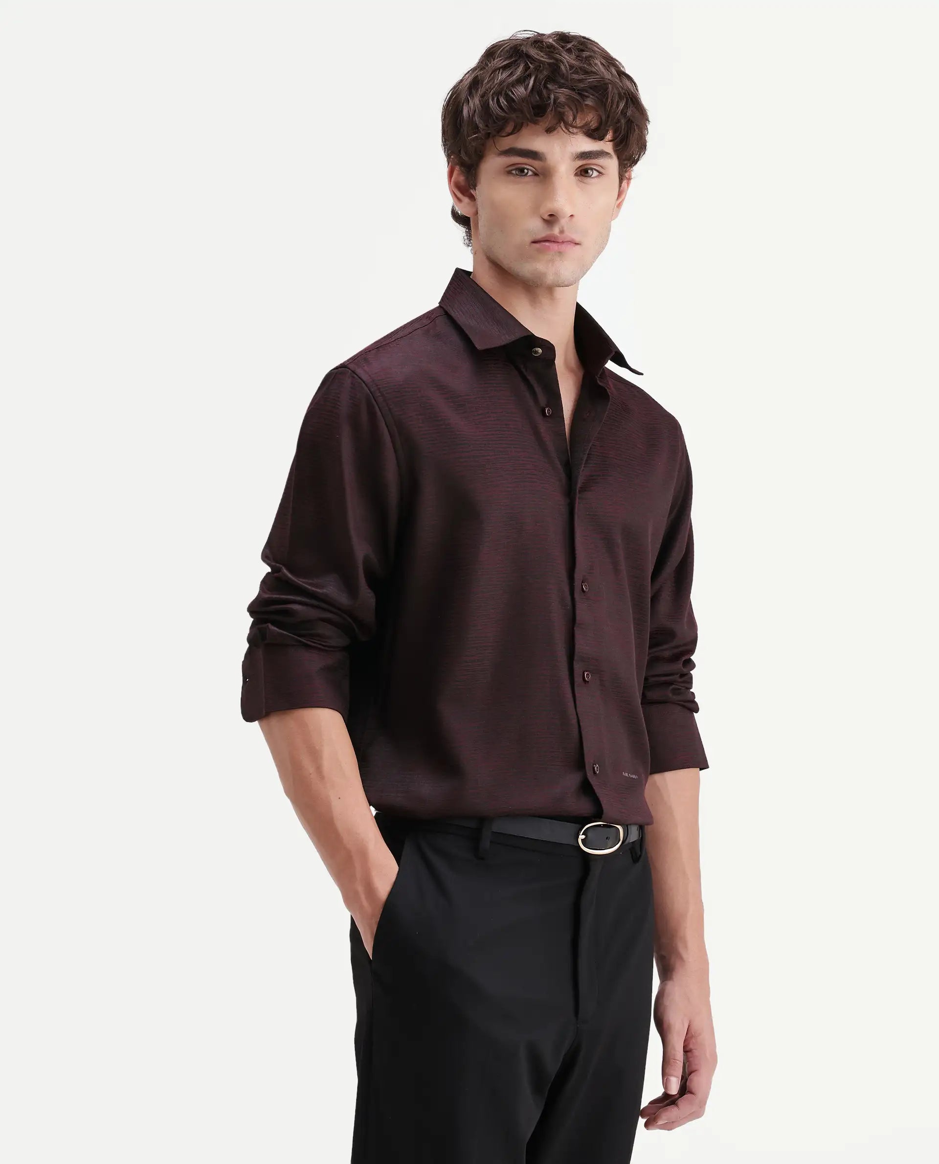 Rare Rabbit Men's Carl Maroon Polyester Blend Fabric Spread Collar Regular Fit Jacquard Shirt