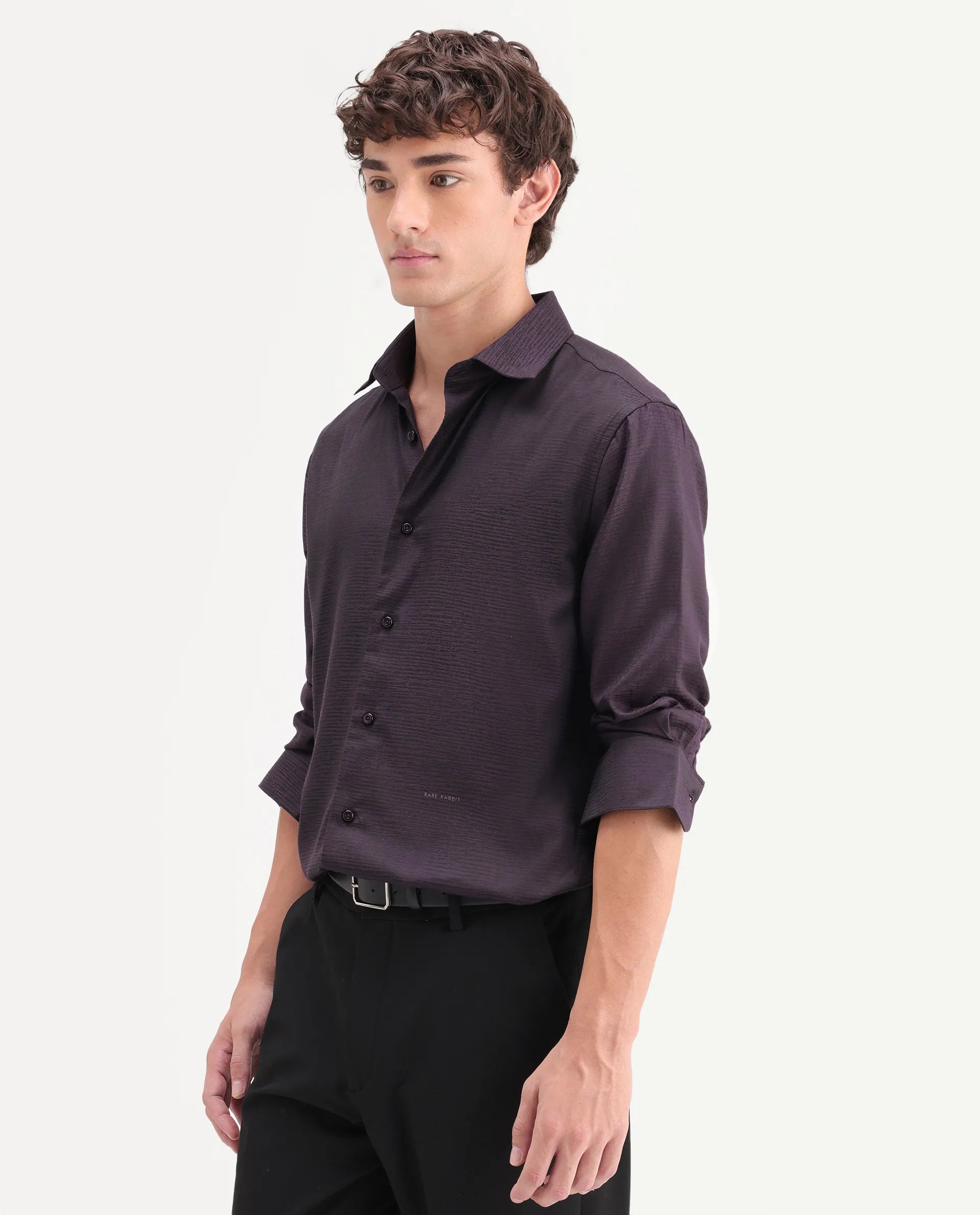 Rare Rabbit Men's Carl Dark Purple Polyester Blend Fabric Spread Collar Regular Fit Jacquard Shirt