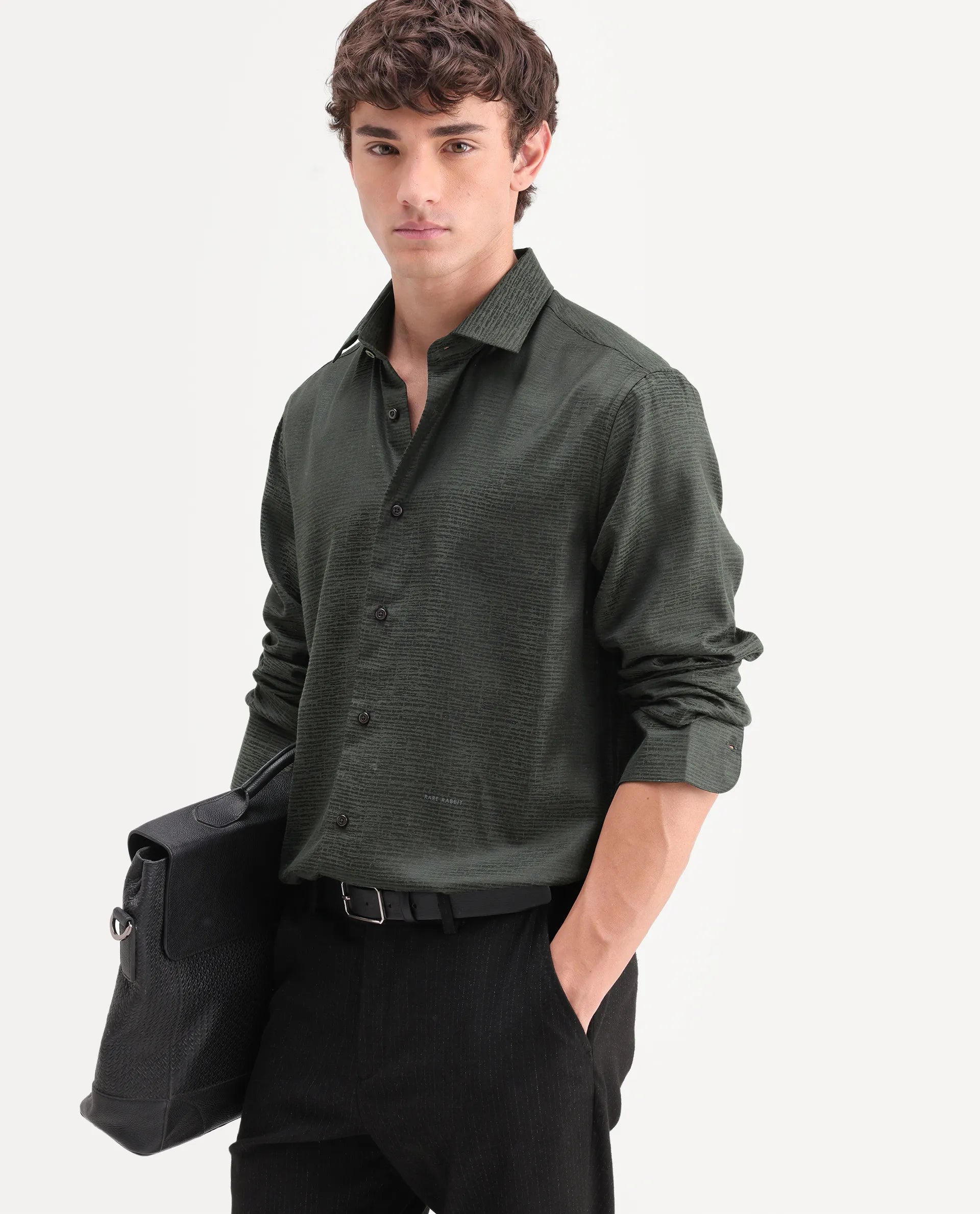 Rare Rabbit Men's Carl Dark Green Polyester Blend Fabric Spread Collar Regular Fit Jacquard Shirt