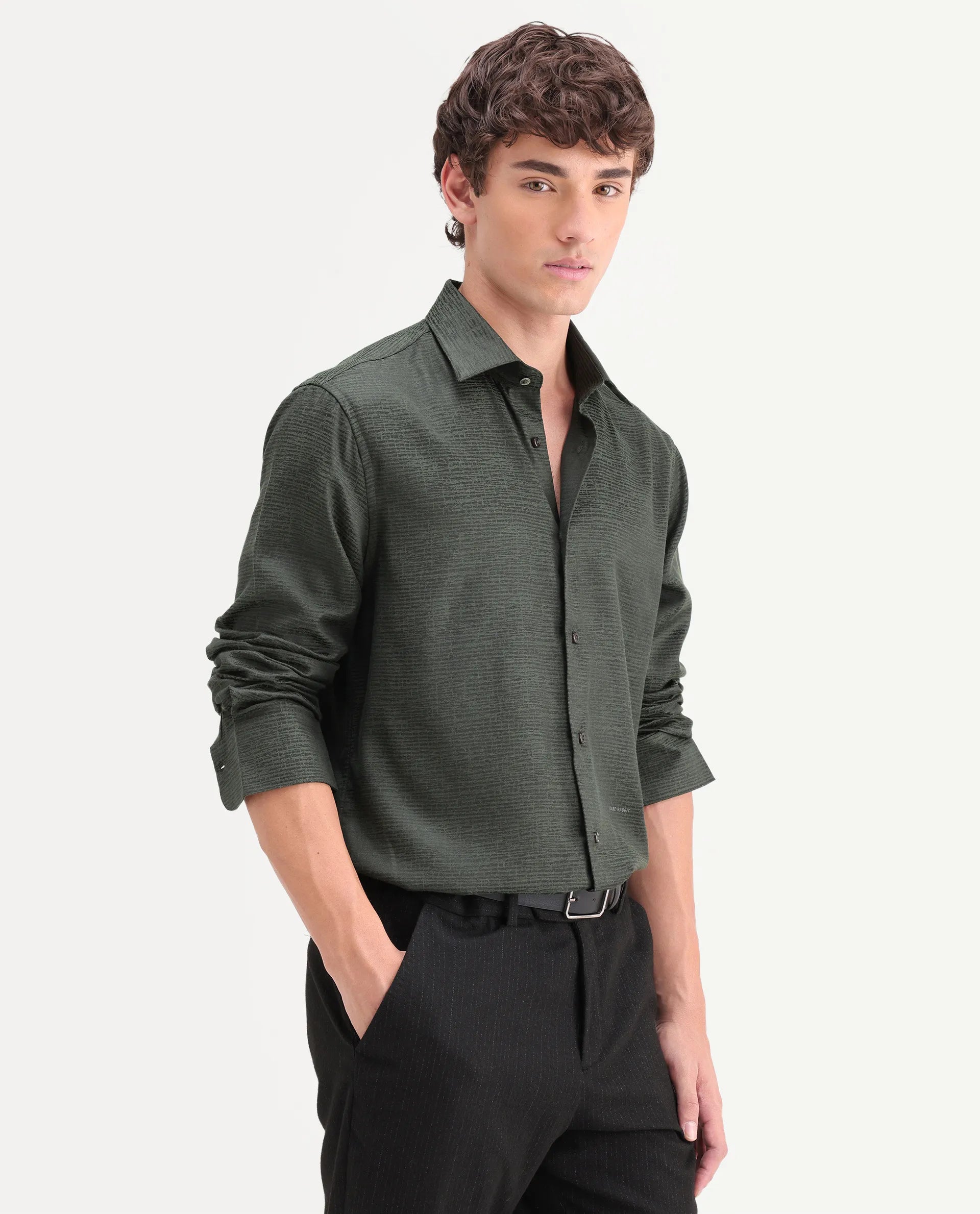 Rare Rabbit Men's Carl Dark Green Polyester Blend Fabric Spread Collar Regular Fit Jacquard Shirt