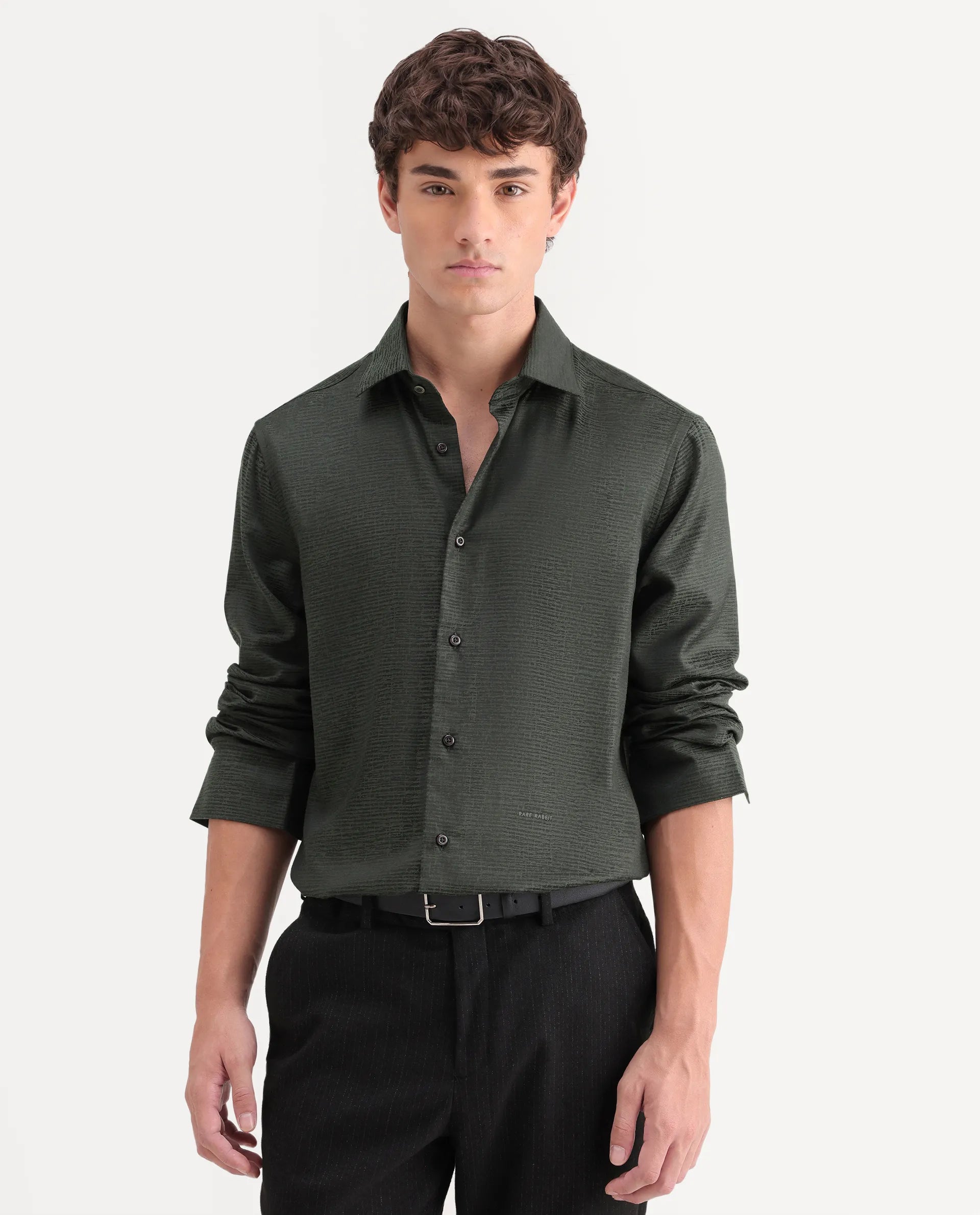 Rare Rabbit Men's Carl Dark Green Polyester Blend Fabric Spread Collar Regular Fit Jacquard Shirt