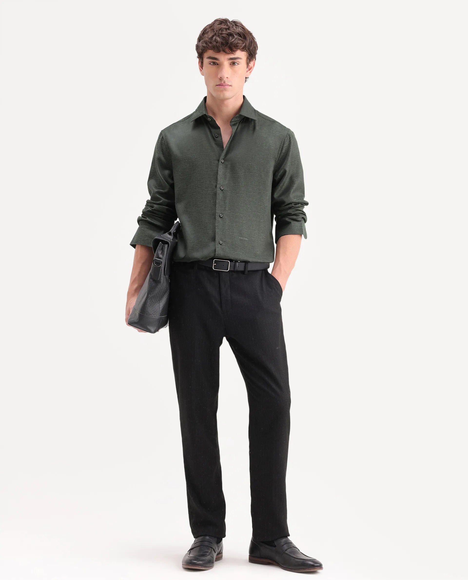 Rare Rabbit Men's Carl Dark Green Polyester Blend Fabric Spread Collar Regular Fit Jacquard Shirt