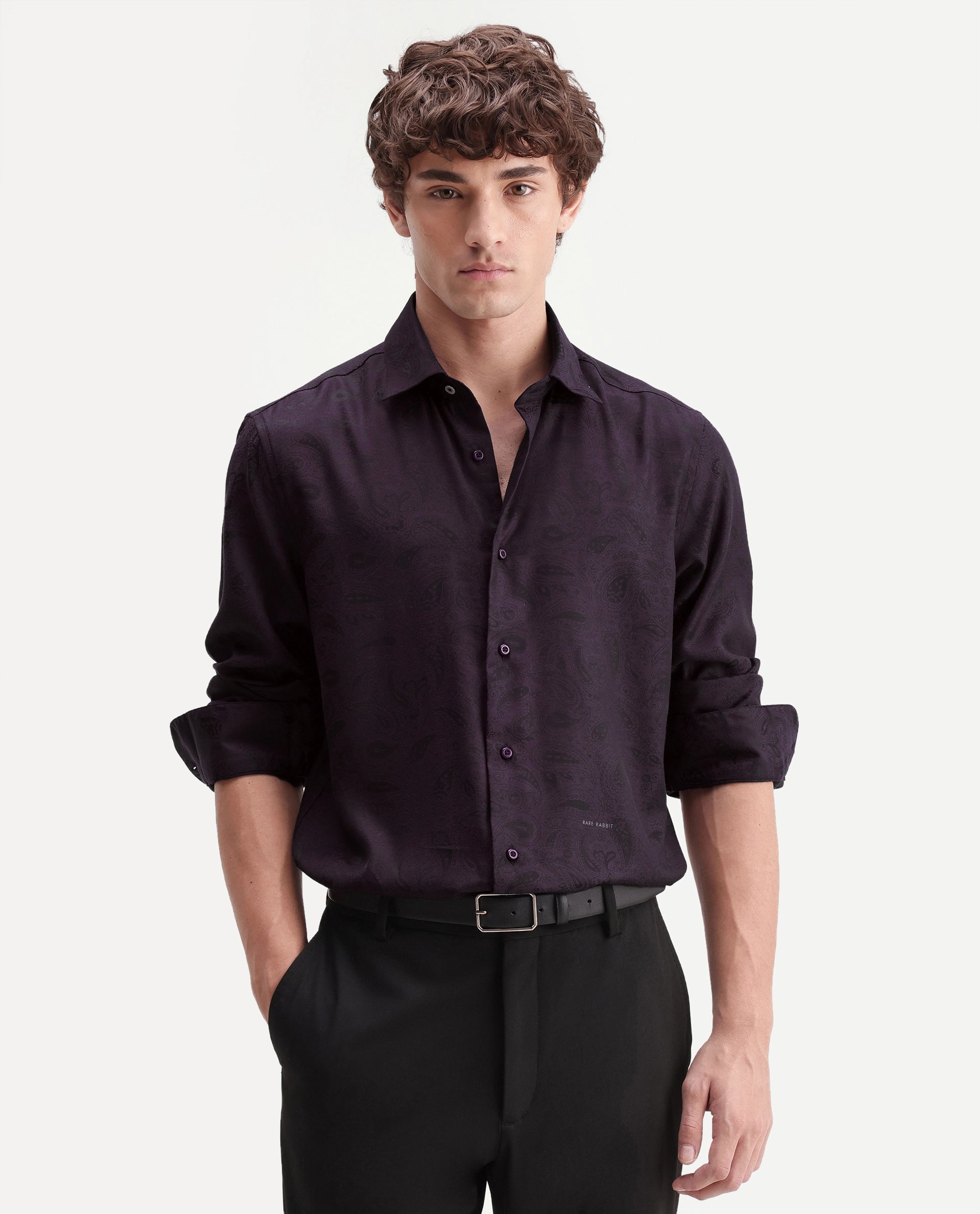 Rare Rabbit Men's Paso Dark Purple Polyester Blend Fabric Spread Collar Regular Fit Paisley Print Shirt