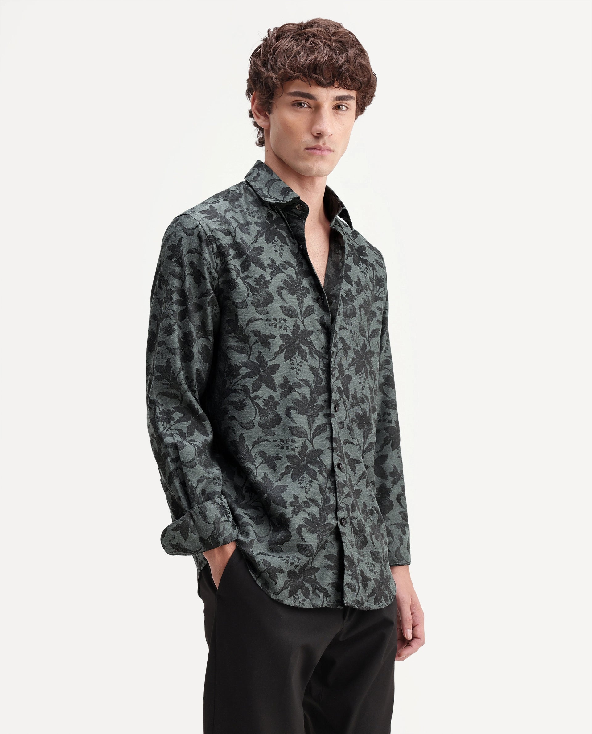 Rare Rabbit Men's Rezo Dark Green Polyester Blend Spread Collar Button Regular Floral Print Print Shirt