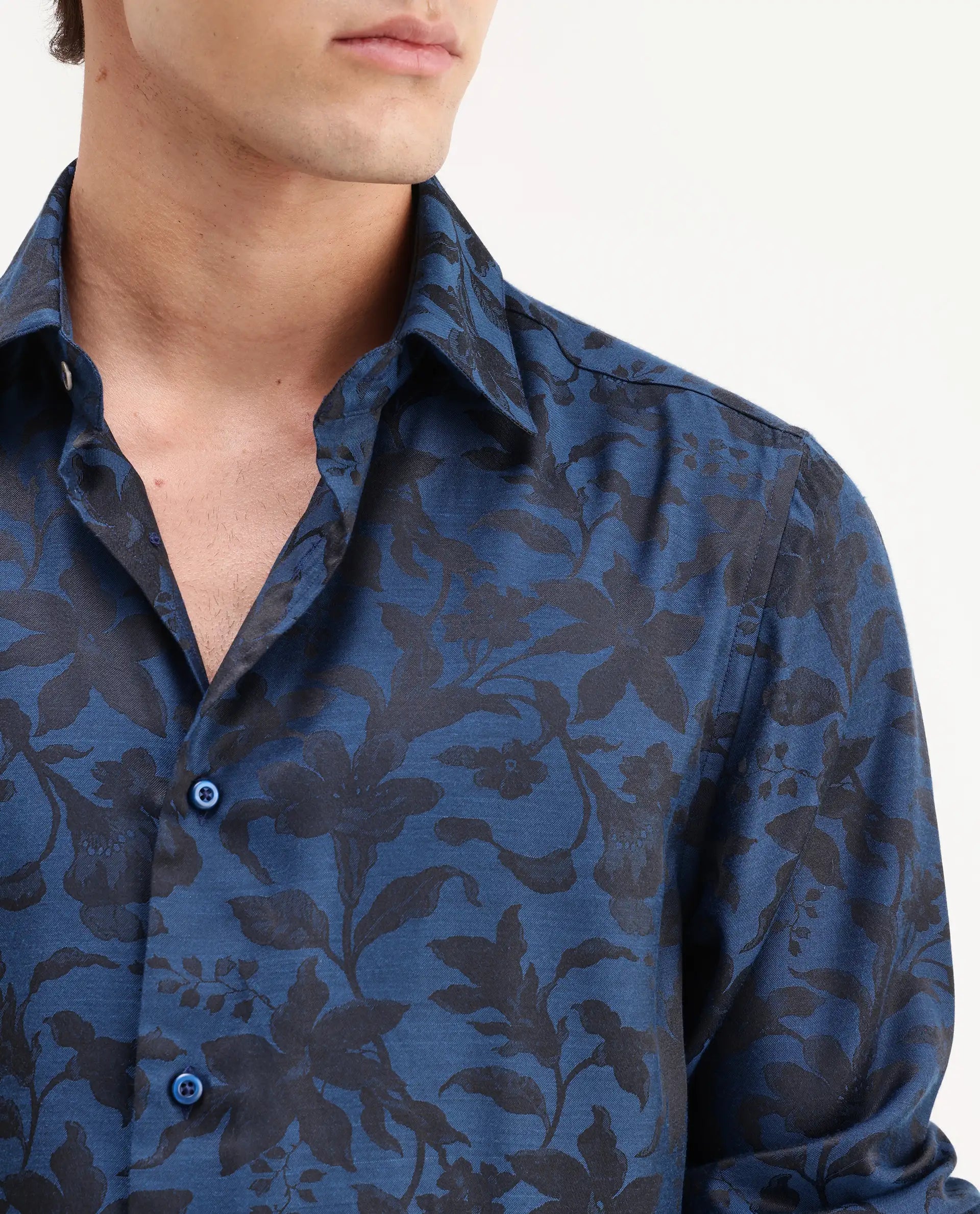 Rare Rabbit Men's Rezo Dark Blue Polyester Blend Spread Collar Button Regular Floral Print Print Shirt