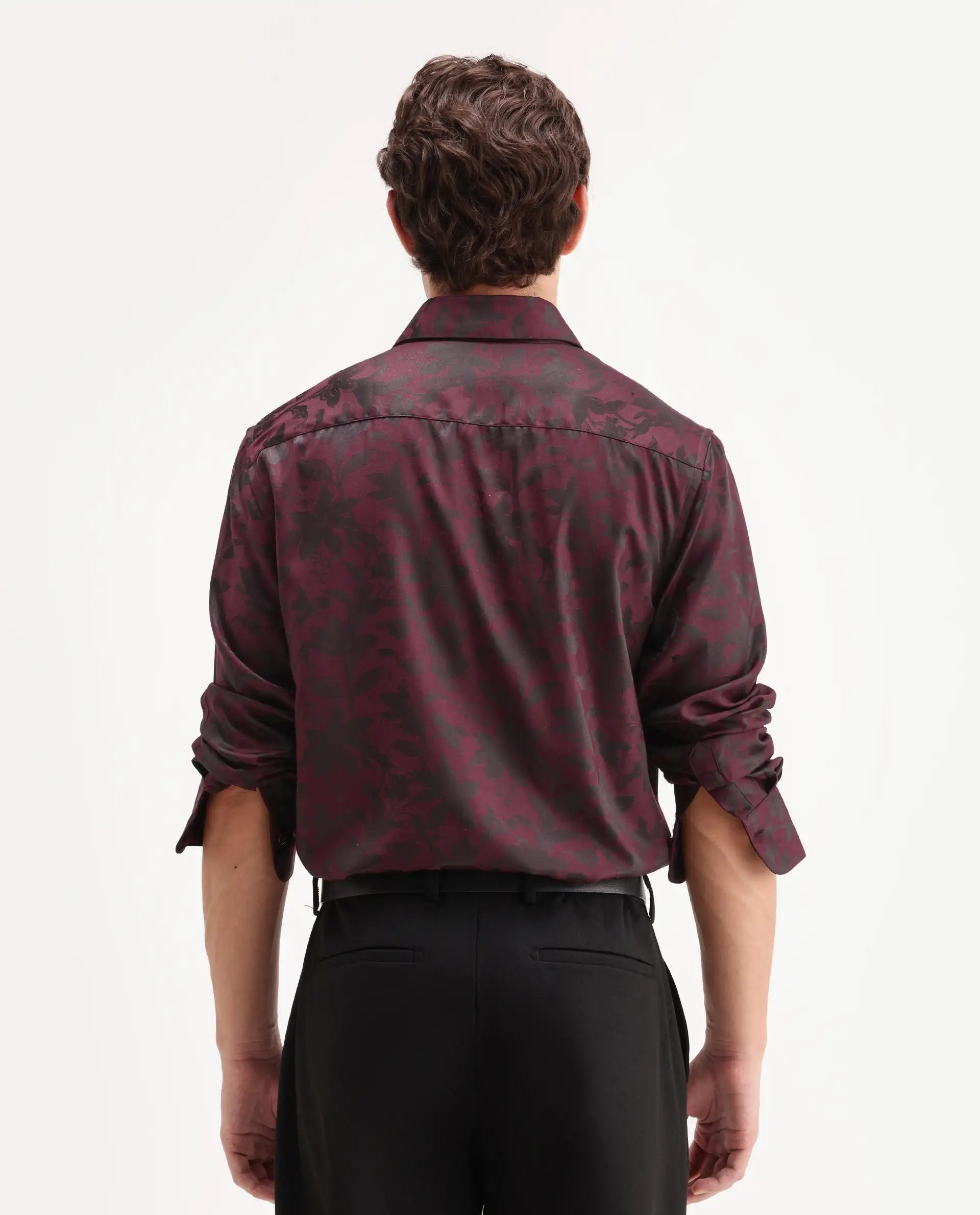 Rare Rabbit Men's Rezo Maroon Polyester Blend Spread Collar Button Regular Floral Print Print Shirt