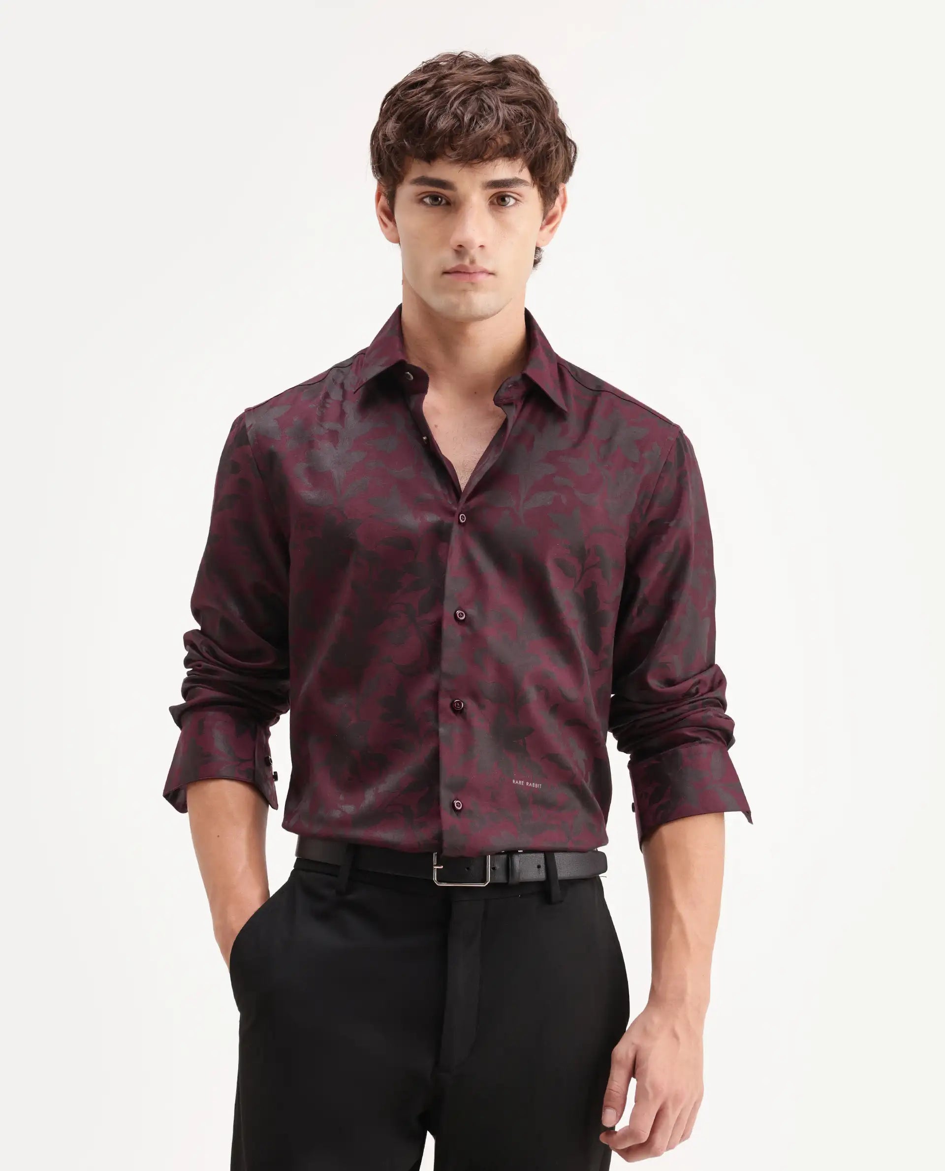 Rare Rabbit Men's Rezo Maroon Polyester Blend Spread Collar Button Regular Floral Print Print Shirt