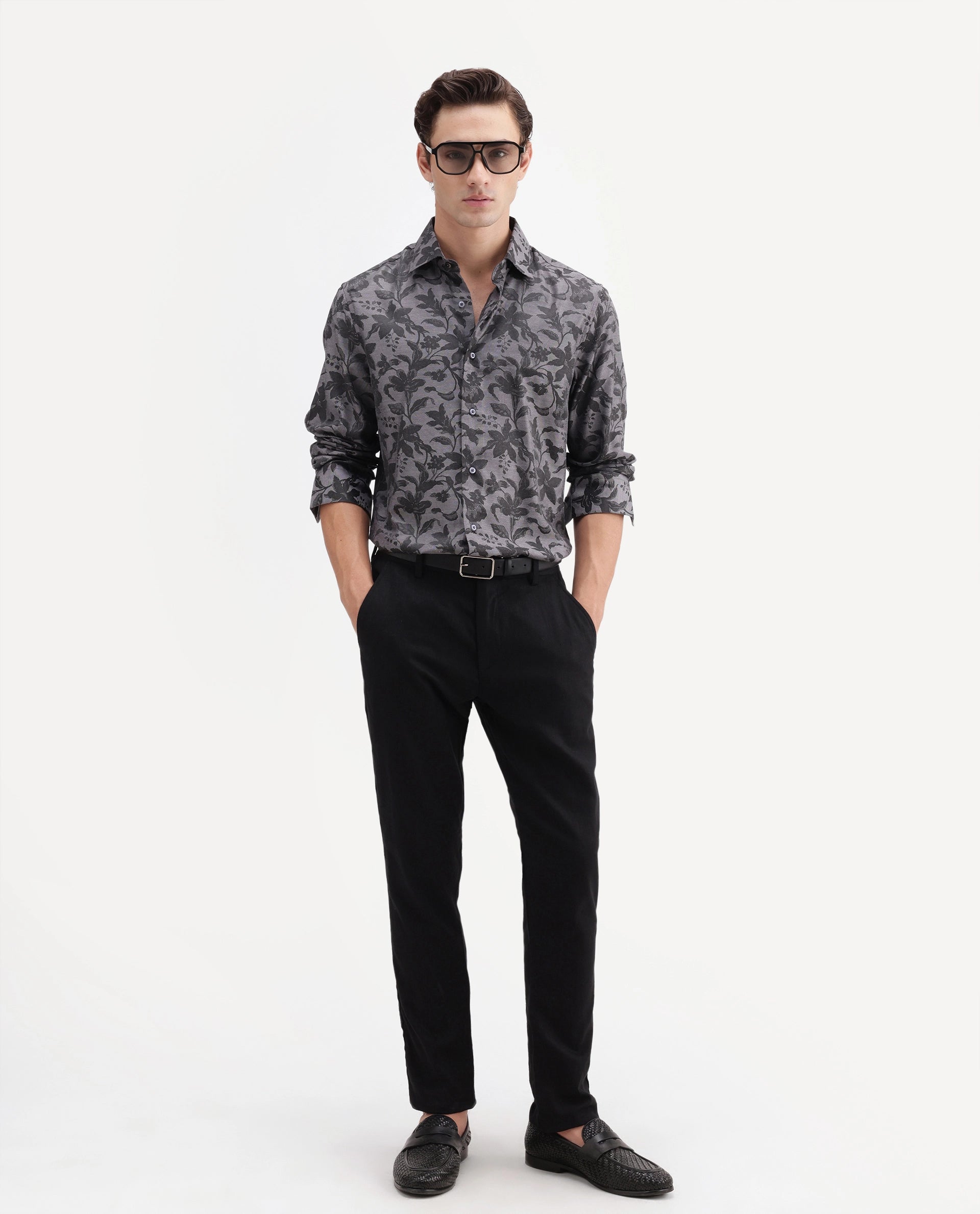 Rare Rabbit Men's Rezo Dark Grey Polyester Blend Spread Collar Button Regular Floral Print Print Shirt