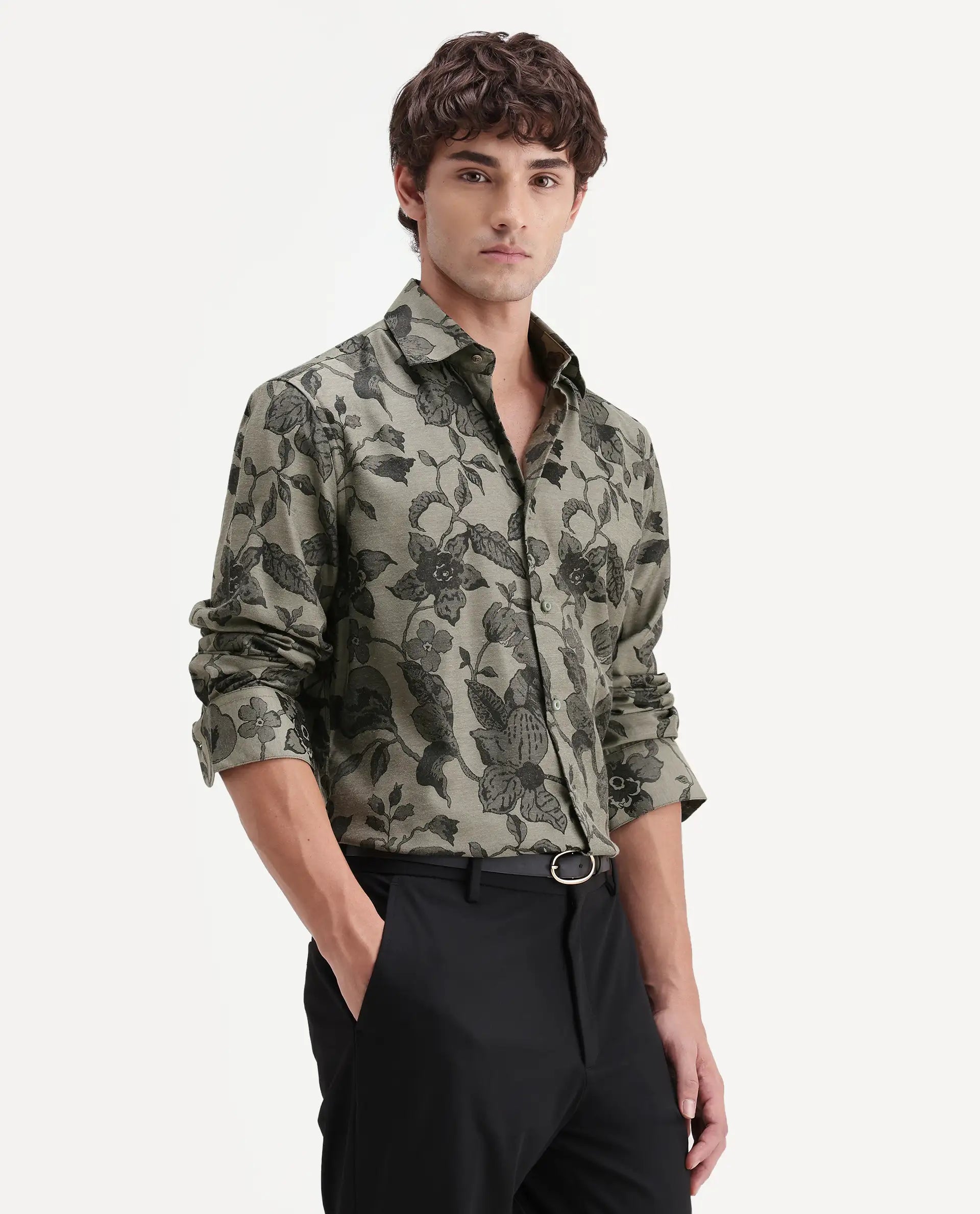 Rare Rabbit Men's Nomo Dark Green Polyester Blend Fabric Spread Collar Regular Fit Floral Print Shirt