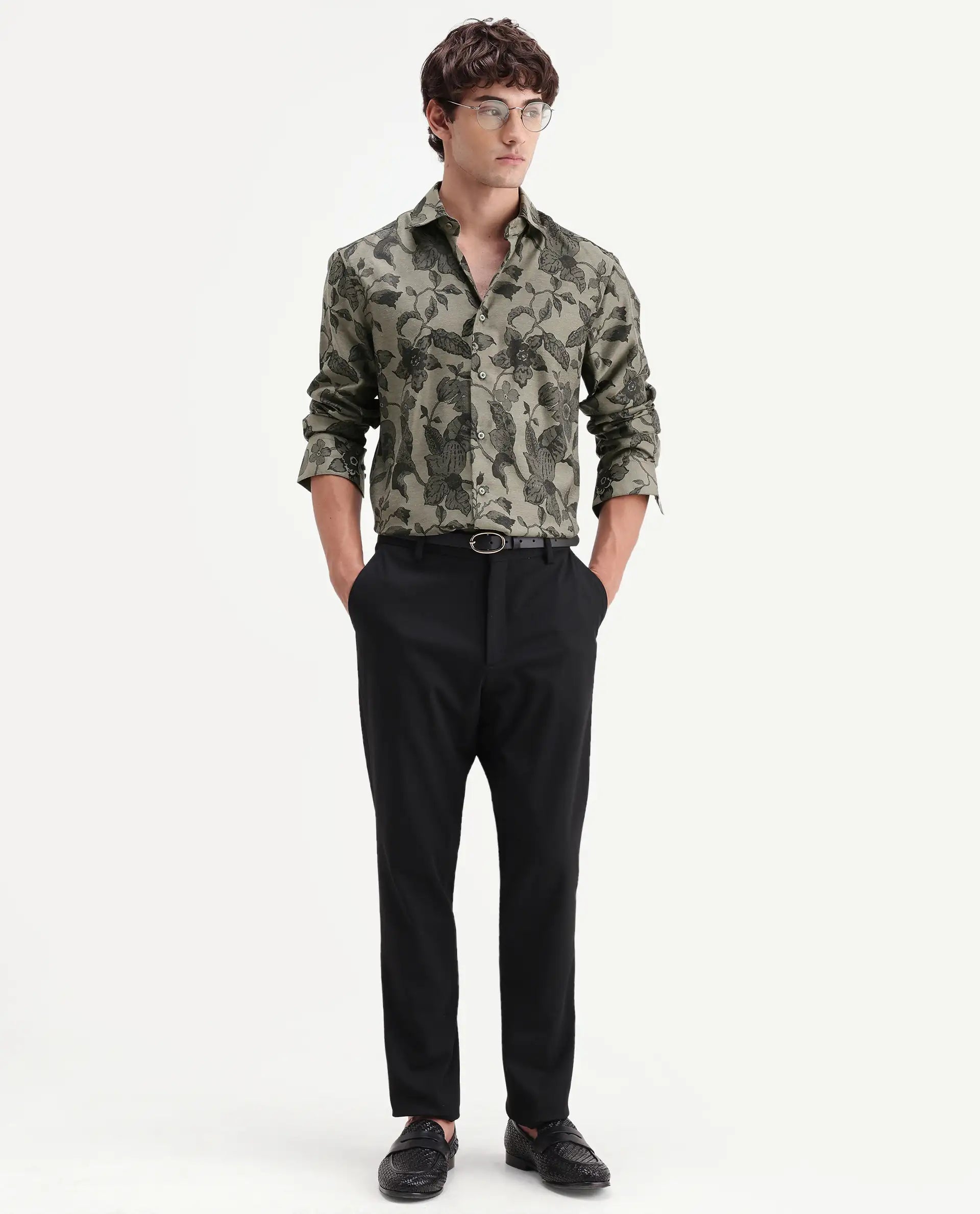 Rare Rabbit Men's Nomo Dark Green Polyester Blend Fabric Spread Collar Regular Fit Floral Print Shirt