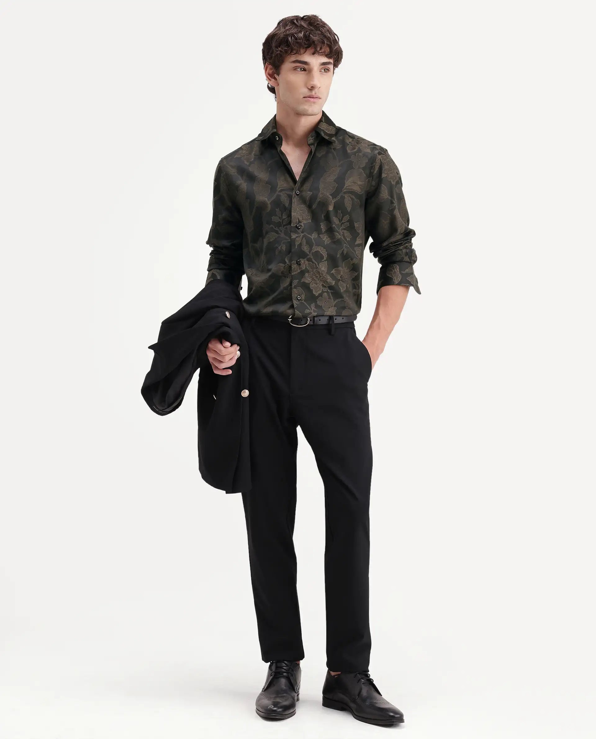 Rare Rabbit Men's Nomo Black Polyester Blend Fabric Spread Collar Regular Fit Jacquard Shirt