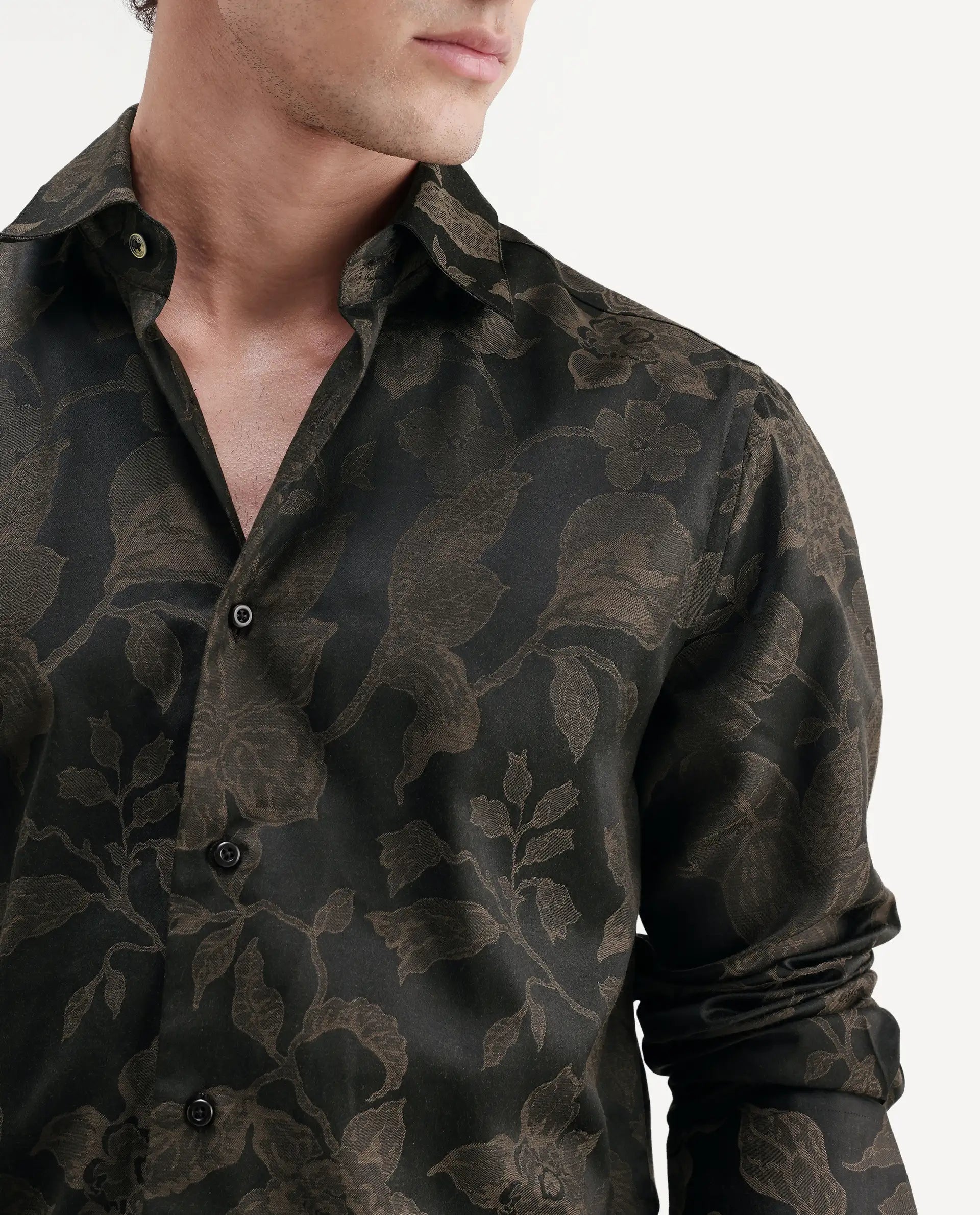 Rare Rabbit Men's Nomo Black Polyester Blend Fabric Spread Collar Regular Fit Jacquard Shirt