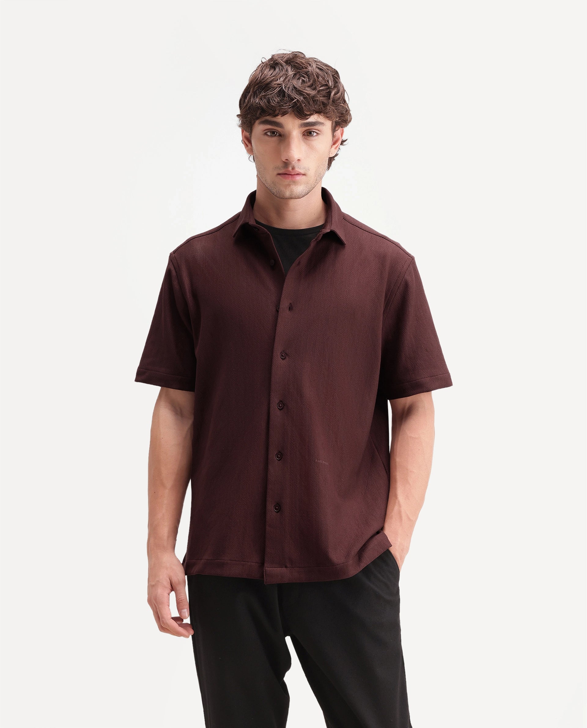 Rare Rabbit Men's Leno Brown Cotton Blend Fabric Spread Collar Regular Fit Plain Shirt