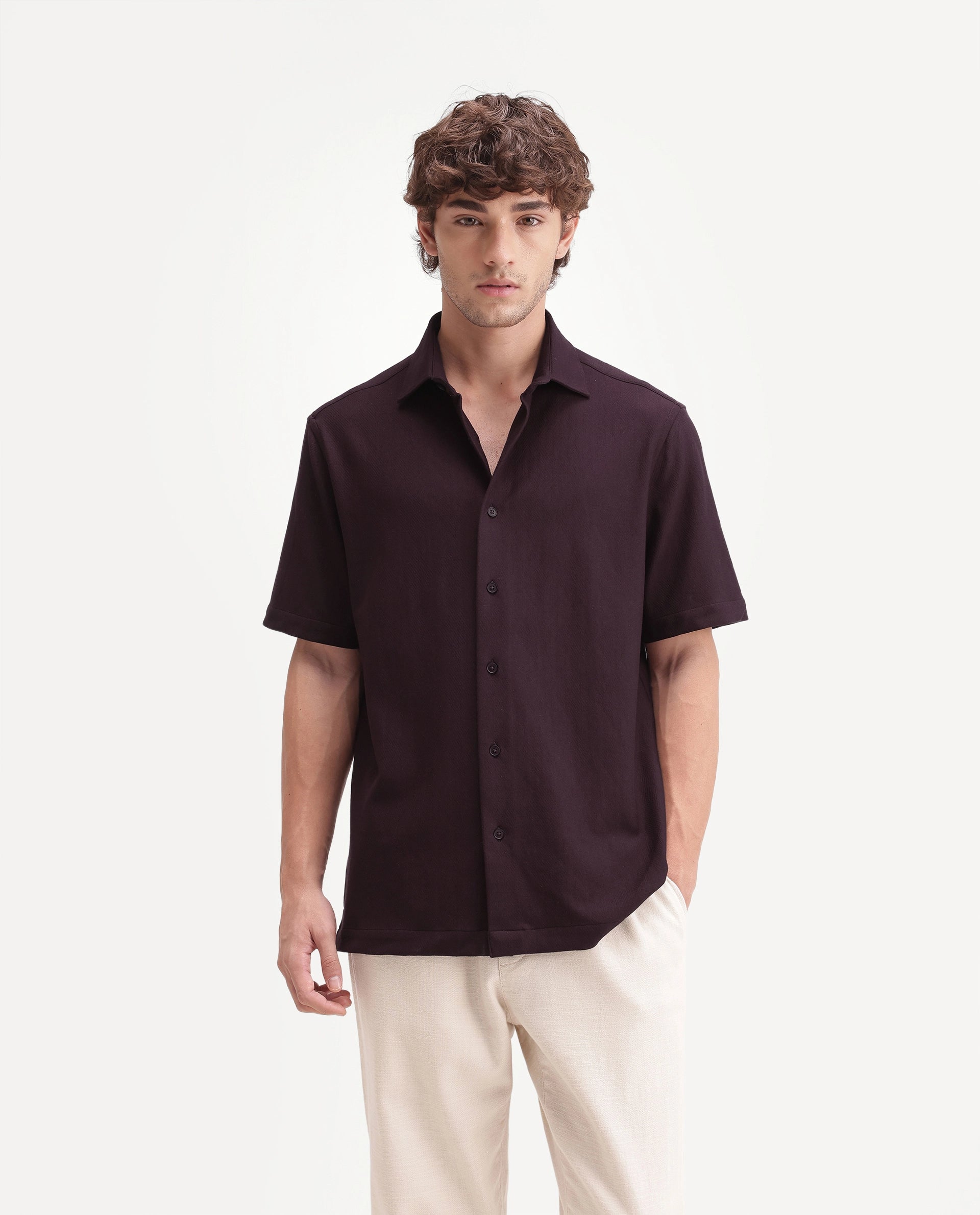 Rare Rabbit Men's Leno Dark Purple Cotton Blend Fabric Spread Collar Regular Fit Plain Shirt
