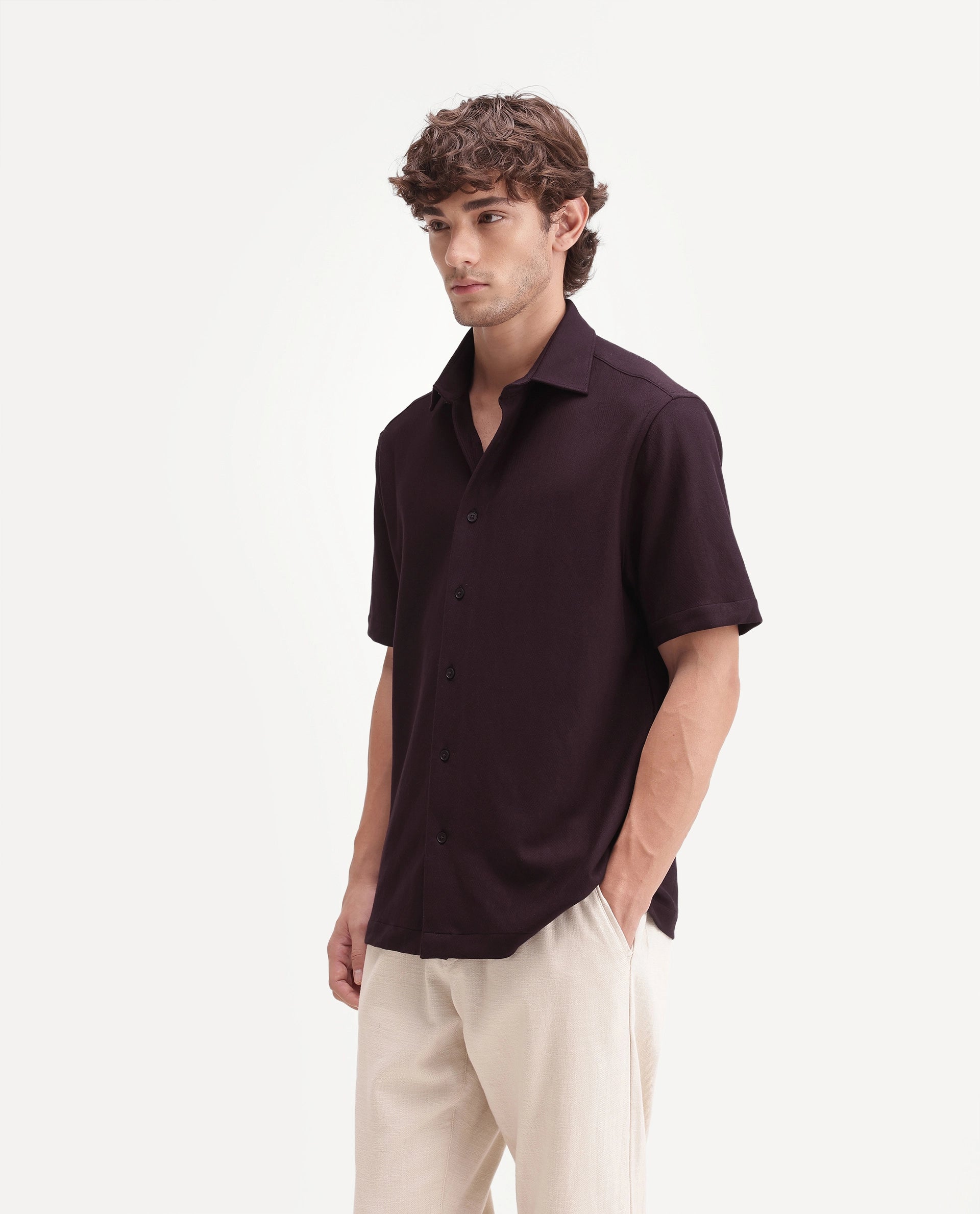 Rare Rabbit Men's Leno Dark Purple Cotton Blend Fabric Spread Collar Regular Fit Plain Shirt