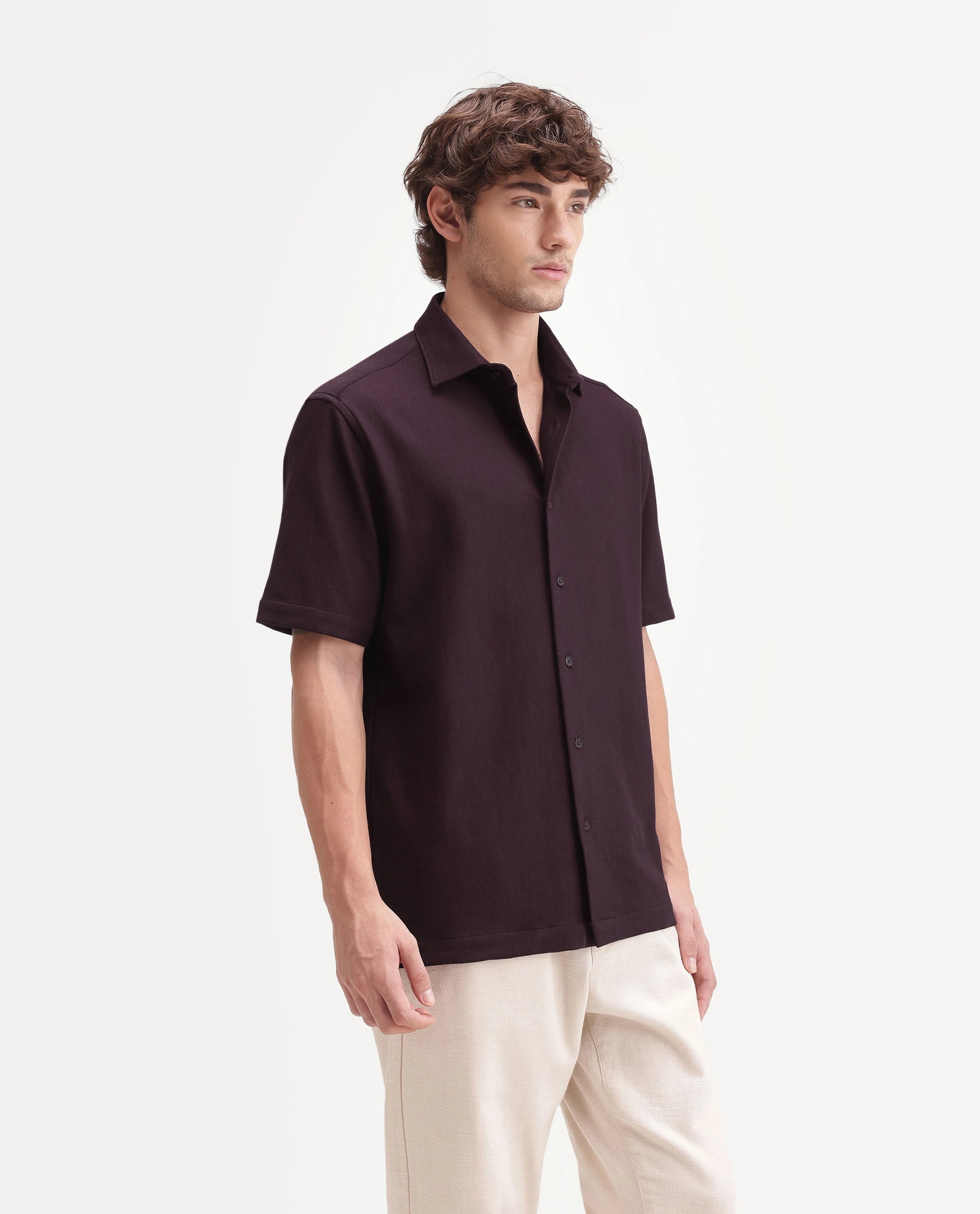Rare Rabbit Men's Leno Dark Purple Cotton Blend Fabric Spread Collar Regular Fit Plain Shirt