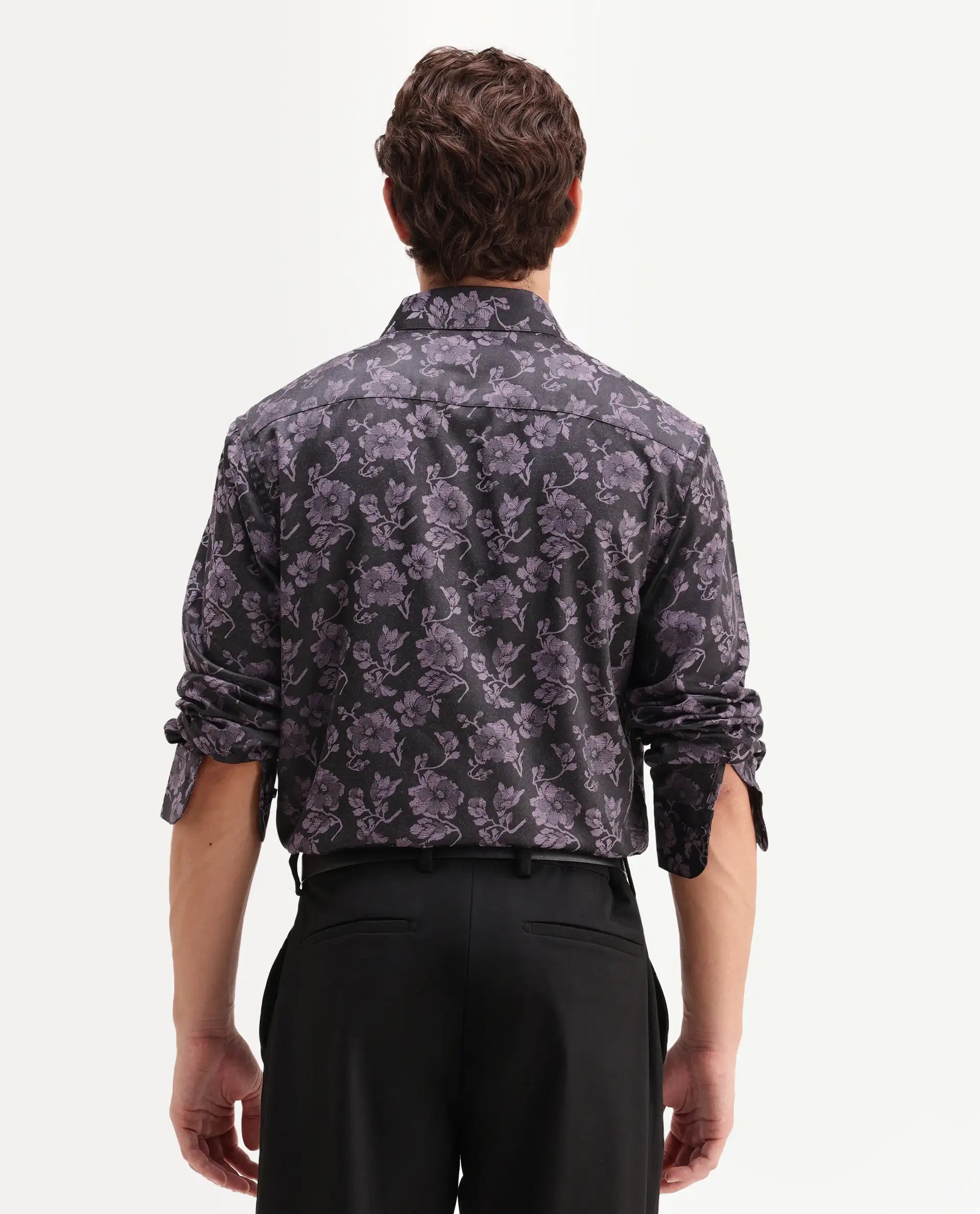 Rare Rabbit Men's Koba Dark Purple Polyester Blend Fabric Spread Collar Regular Fit Floral Print Shirt