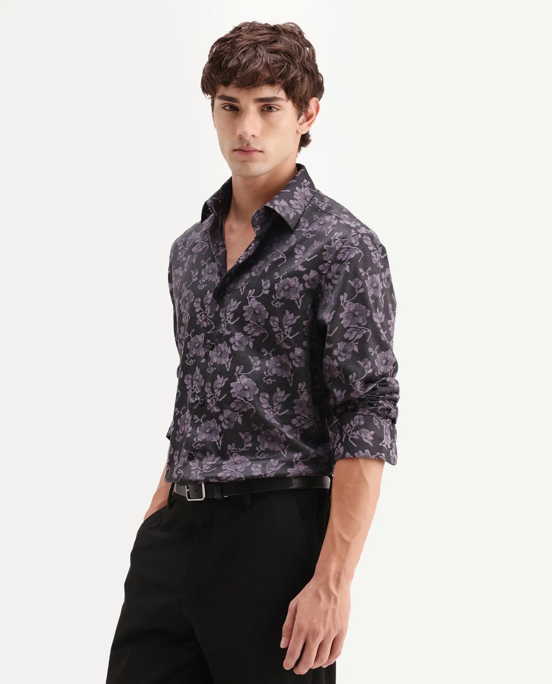 Rare Rabbit Men's Koba Dark Purple Polyester Blend Fabric Spread Collar Regular Fit Floral Print Shirt