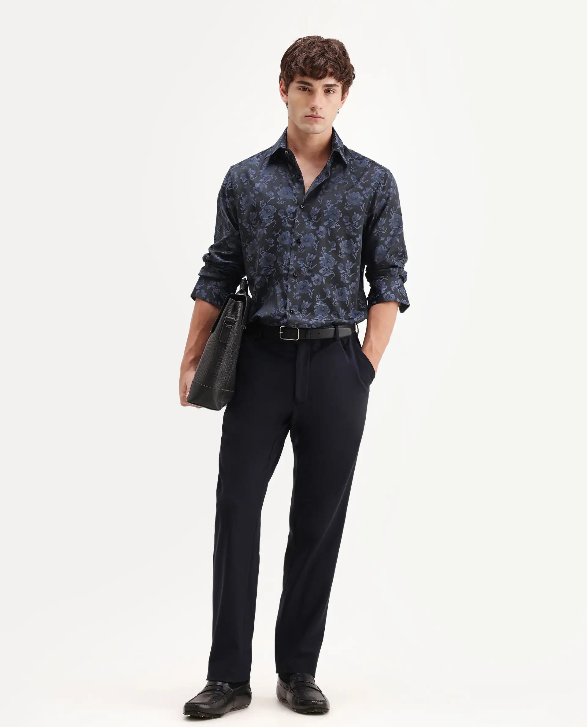 Rare Rabbit Men's Koba Dark Blue Polyester Blend Fabric Spread Collar Regular Fit Floral Print Shirt