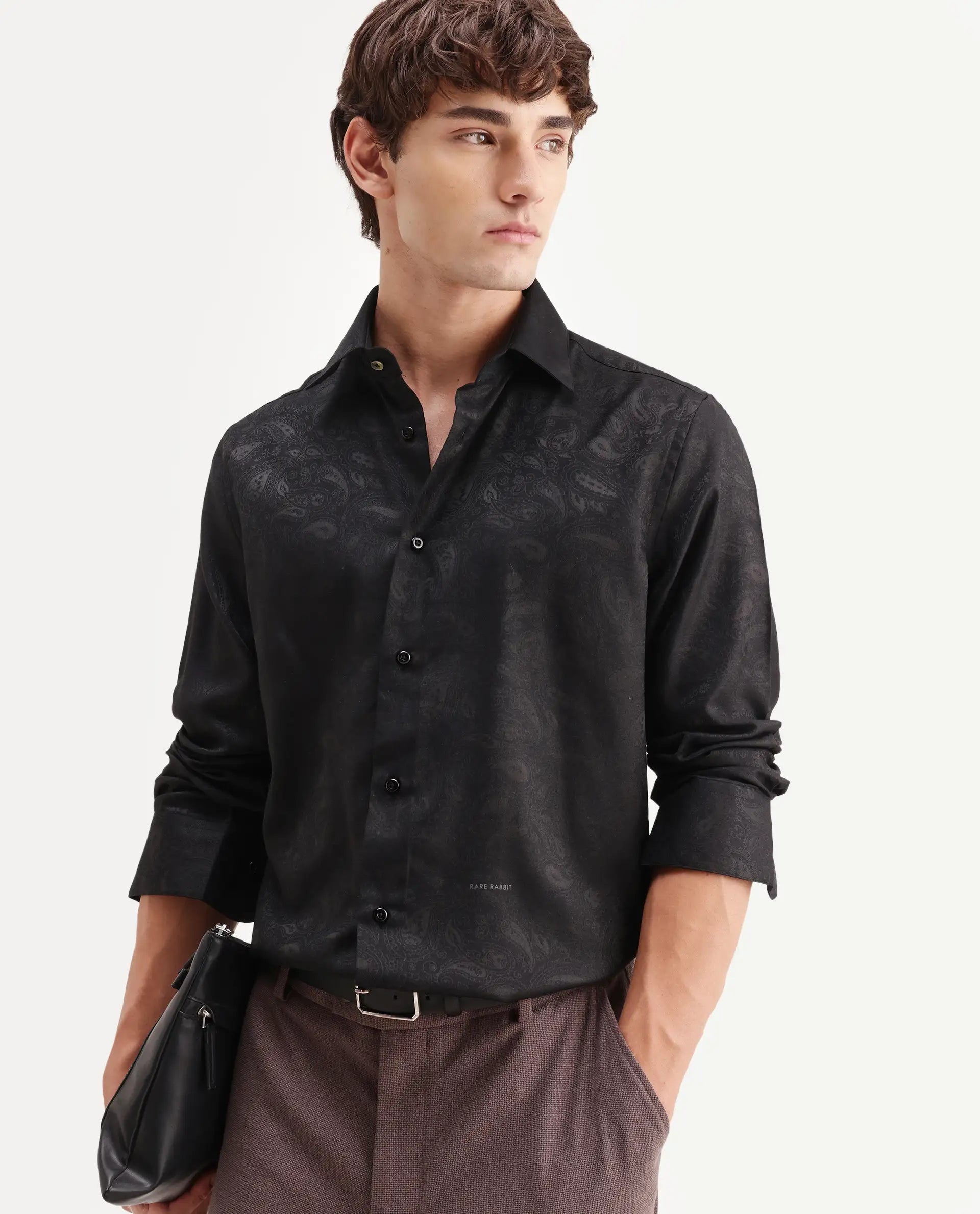 Rare Rabbit Men's Lobo Black Polyester Blend Spread Collar Regular Fit Paisley Print Shirt