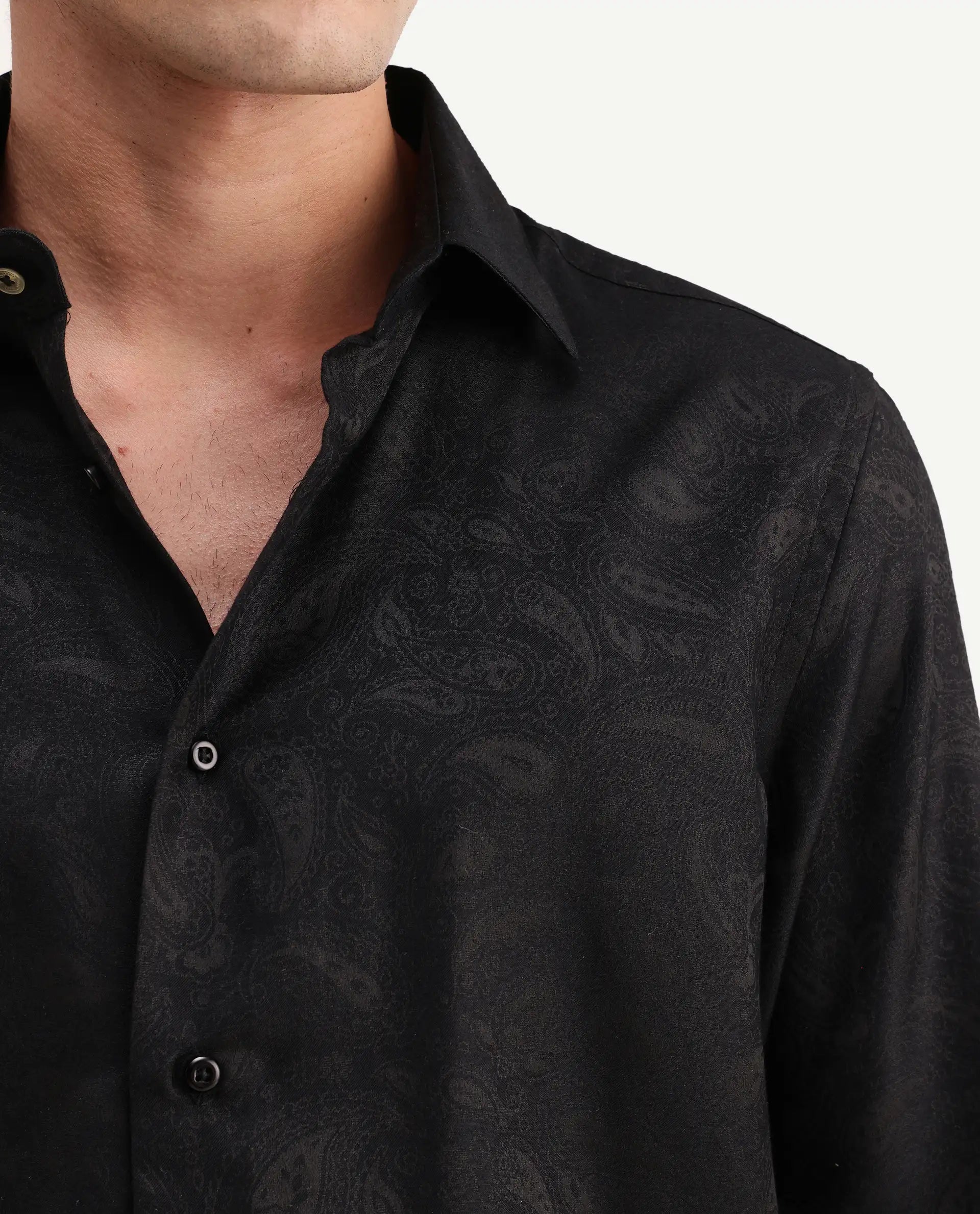 Rare Rabbit Men's Lobo Black Polyester Blend Spread Collar Regular Fit Paisley Print Shirt
