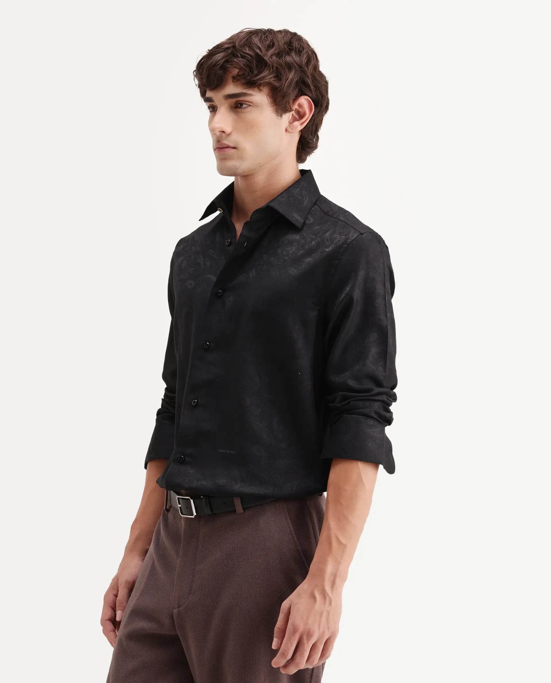 Rare Rabbit Men's Lobo Black Polyester Blend Spread Collar Regular Fit Paisley Print Shirt