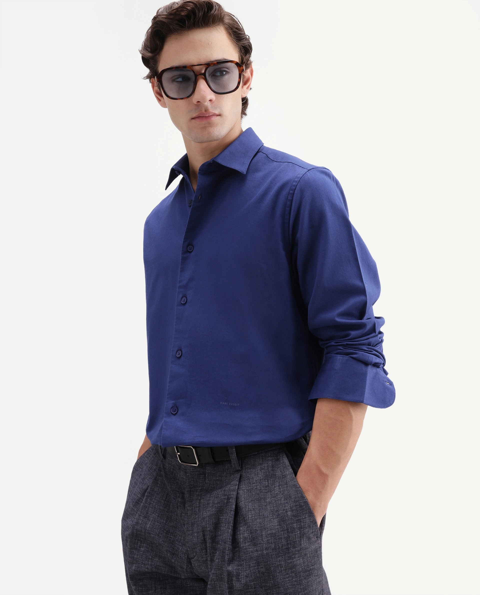 Rare Rabbit Men's Sern Light Blue Cotton Spread Collar Button Regular Plain Shirt