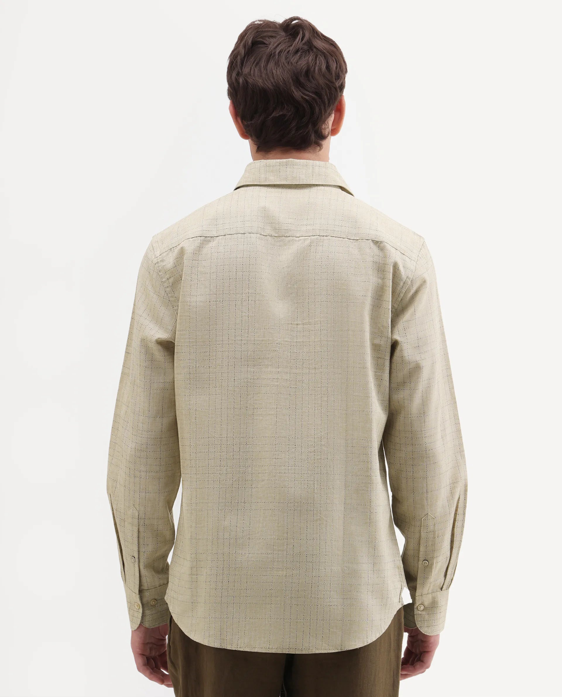 Rare Rabbit Men's Throt Khaki Cotton Blend Fabric Spread Collar Regular Fit Checked Shirt