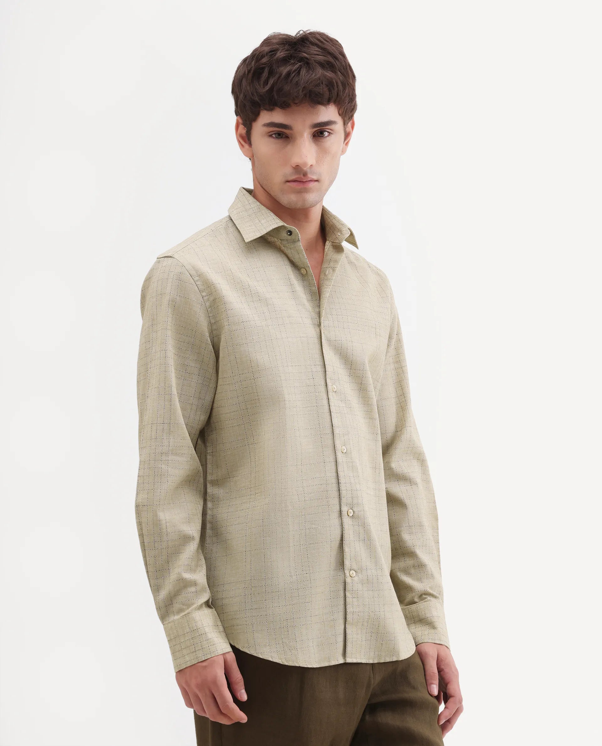 Rare Rabbit Men's Throt Khaki Cotton Blend Fabric Spread Collar Regular Fit Checked Shirt