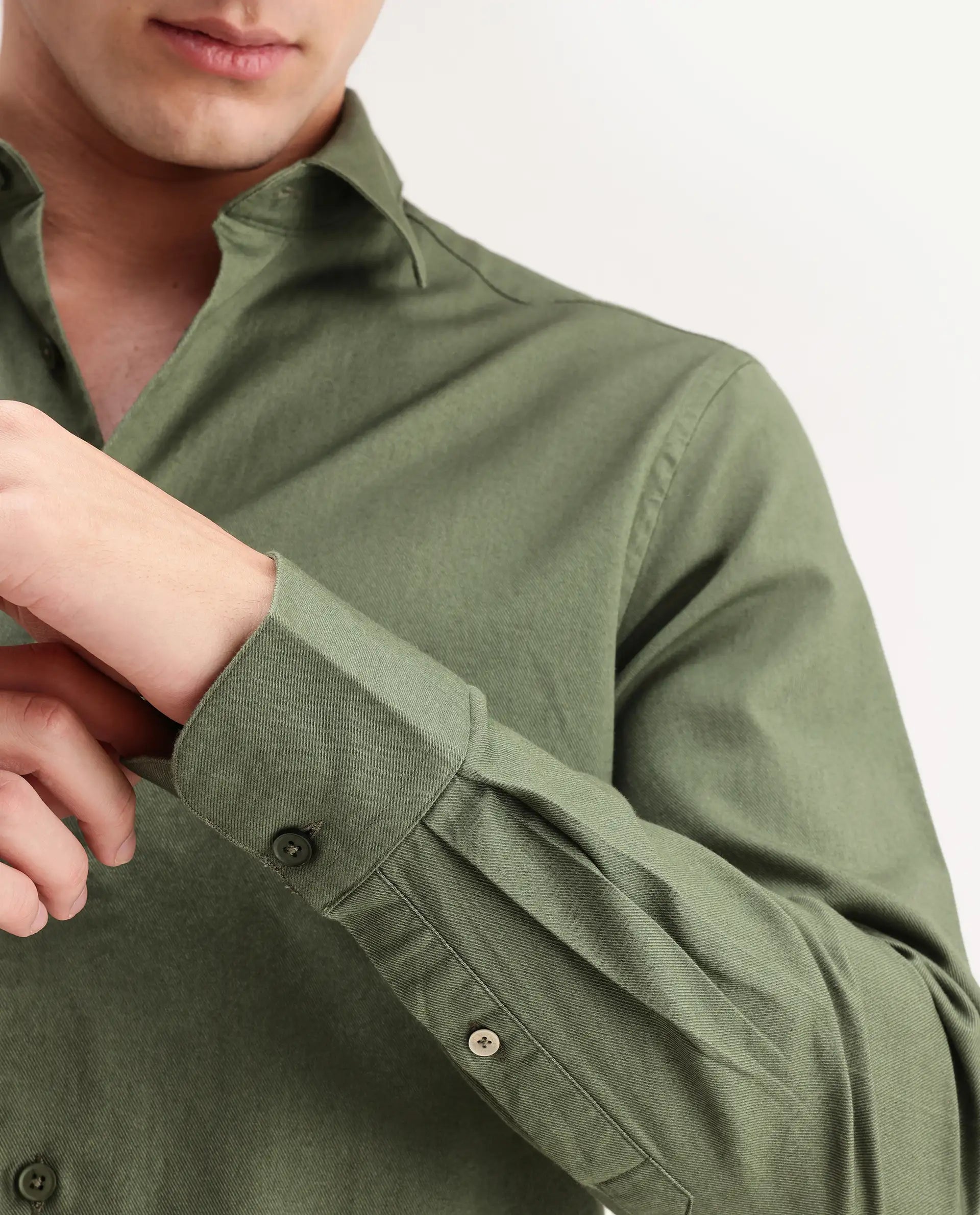 Rare Rabbit Men's Sern Dusky Green Cotton Spread Collar Button Regular Plain Shirt