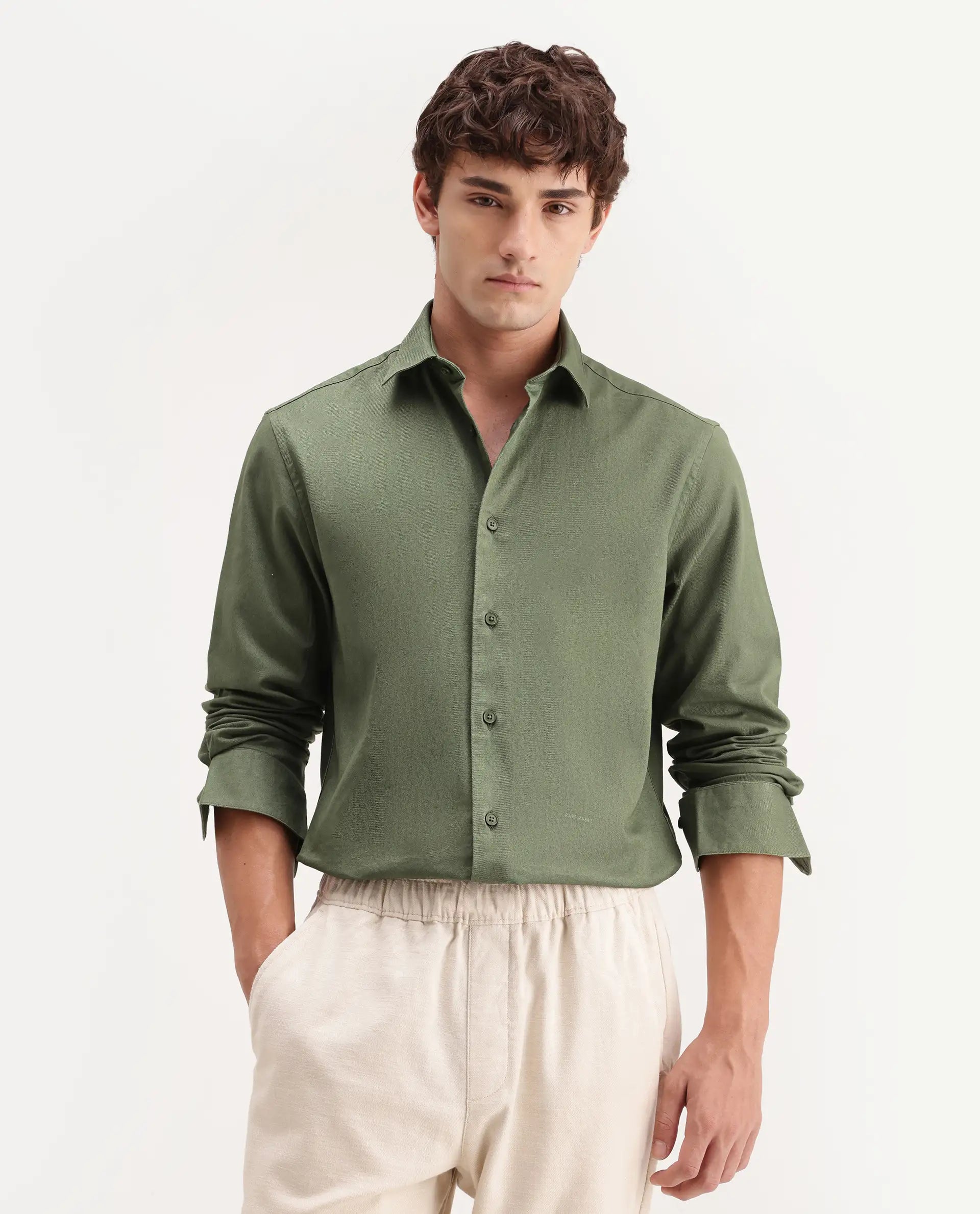 Rare Rabbit Men's Sern Dusky Green Cotton Spread Collar Button Regular Plain Shirt