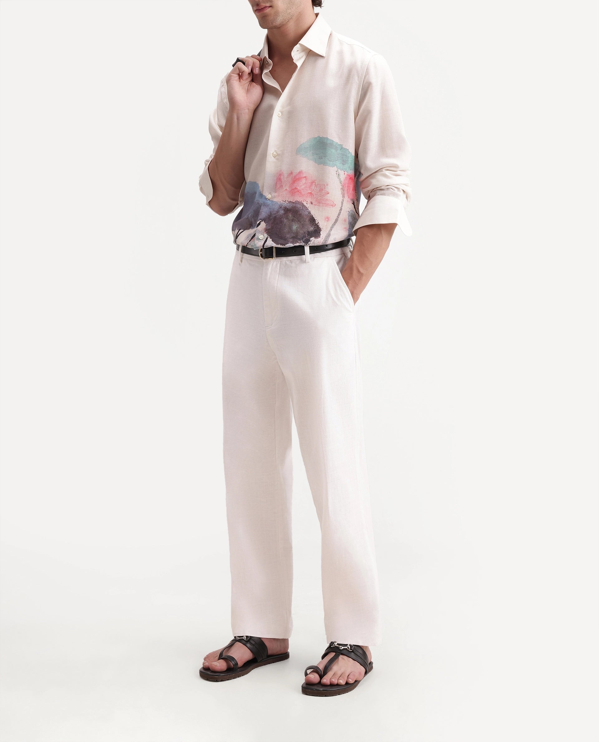 Rare Rabbit Men's Forge White Linen Blend Fabric Regular Fit Plain Trouser