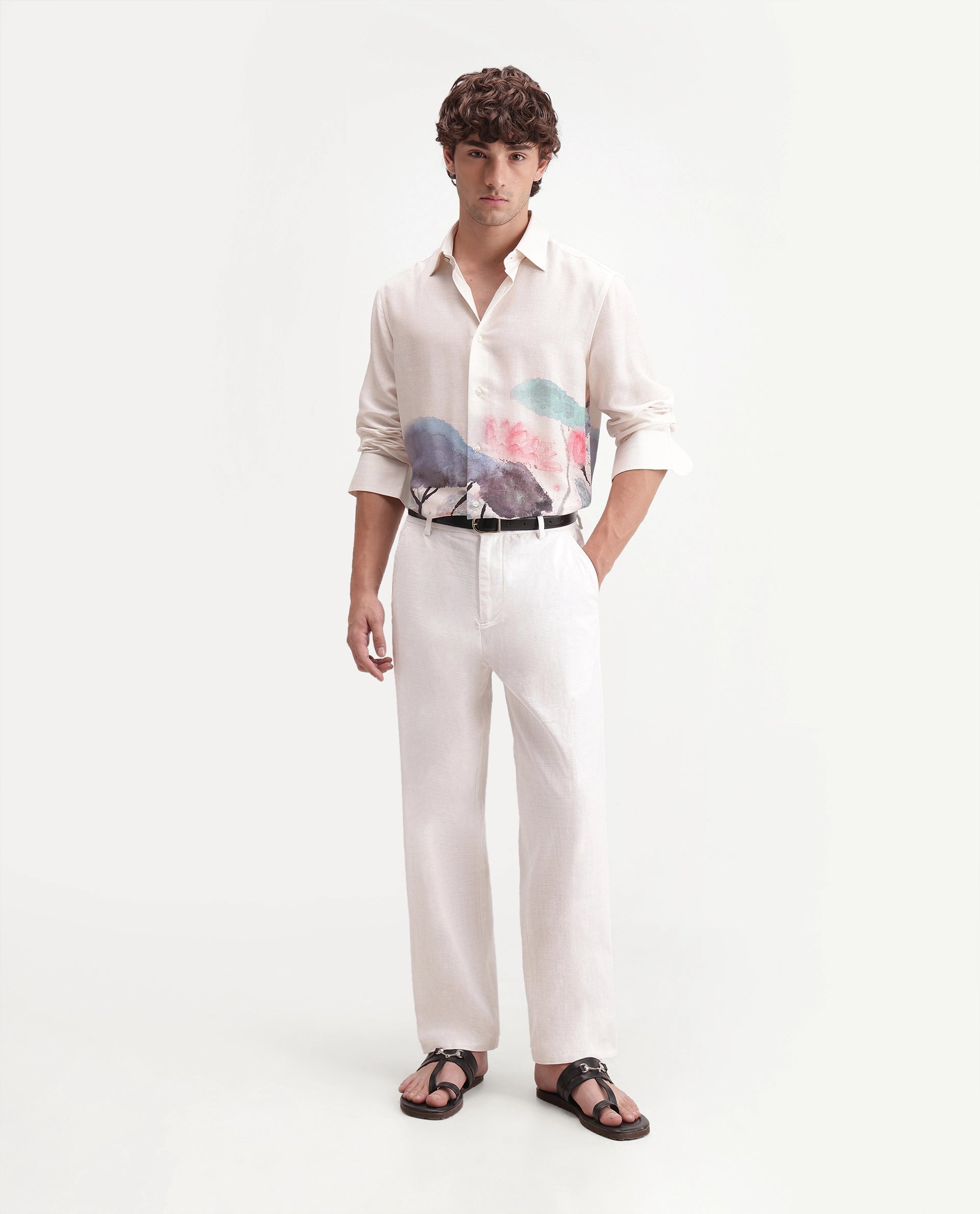 Rare Rabbit Men's Forge White Linen Blend Fabric Regular Fit Plain Trouser