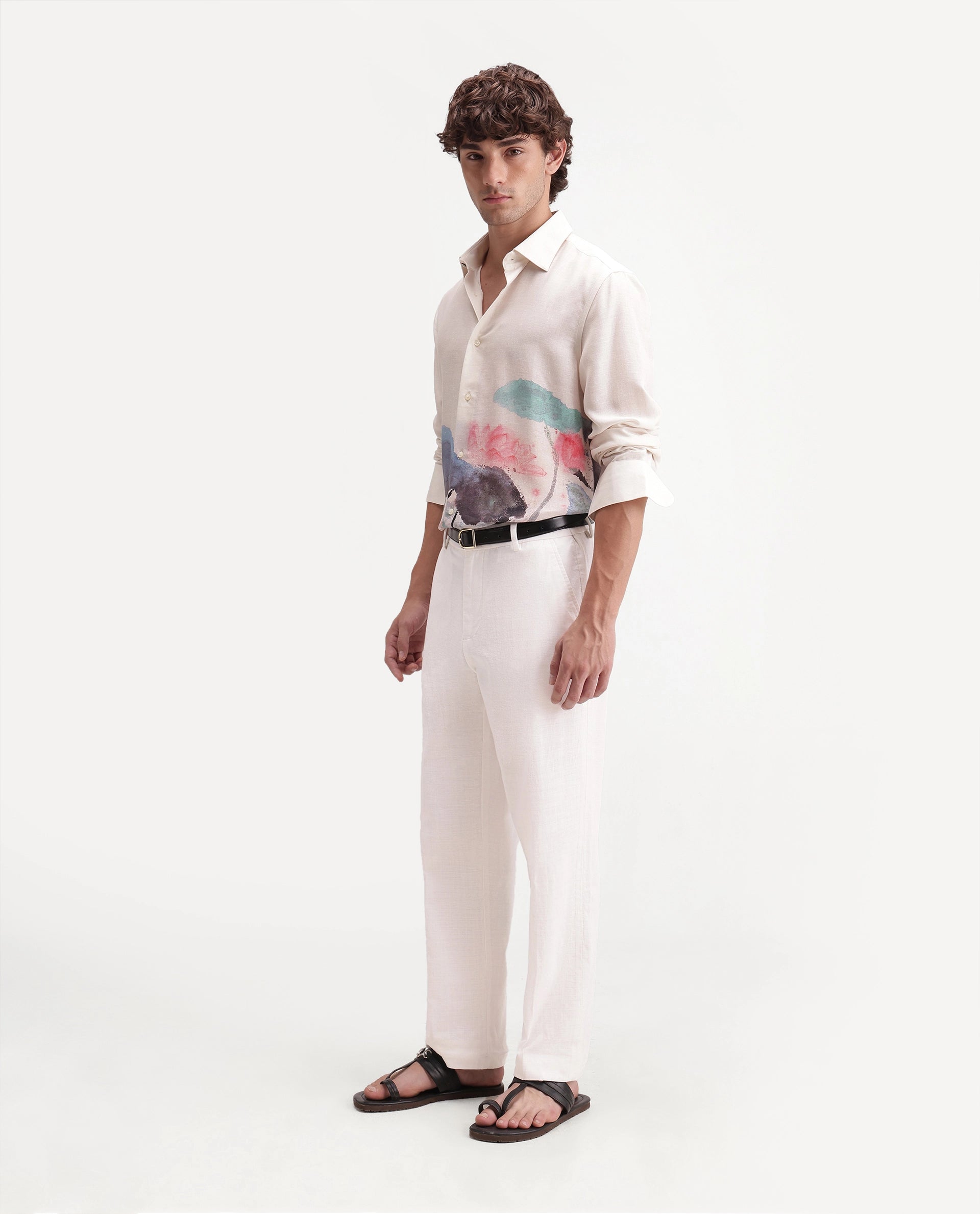 Rare Rabbit Men's Forge White Linen Blend Fabric Regular Fit Plain Trouser