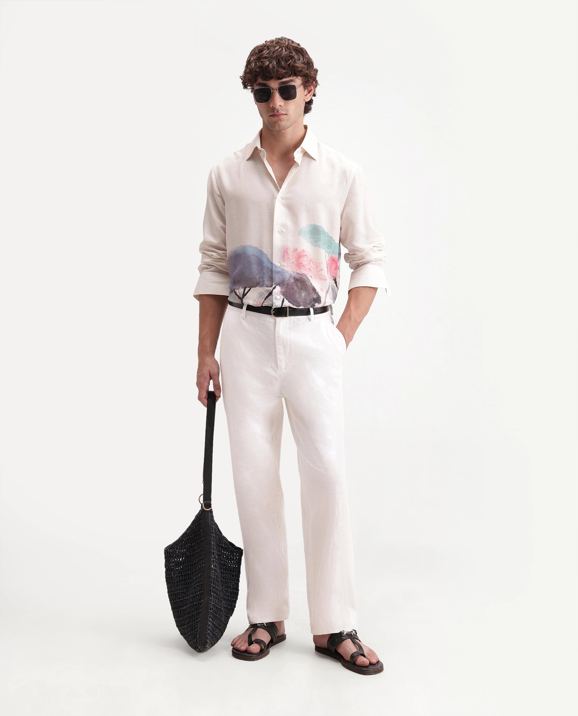 Rare Rabbit Men's Forge White Linen Blend Fabric Regular Fit Plain Trouser