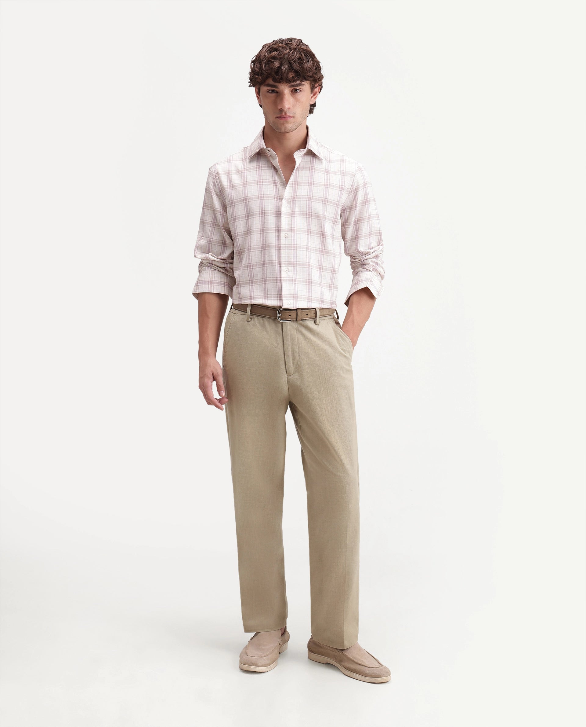 Rare Rabbit Men's Forge Khaki Linen Blend Fabric Regular Fit Plain Trouser