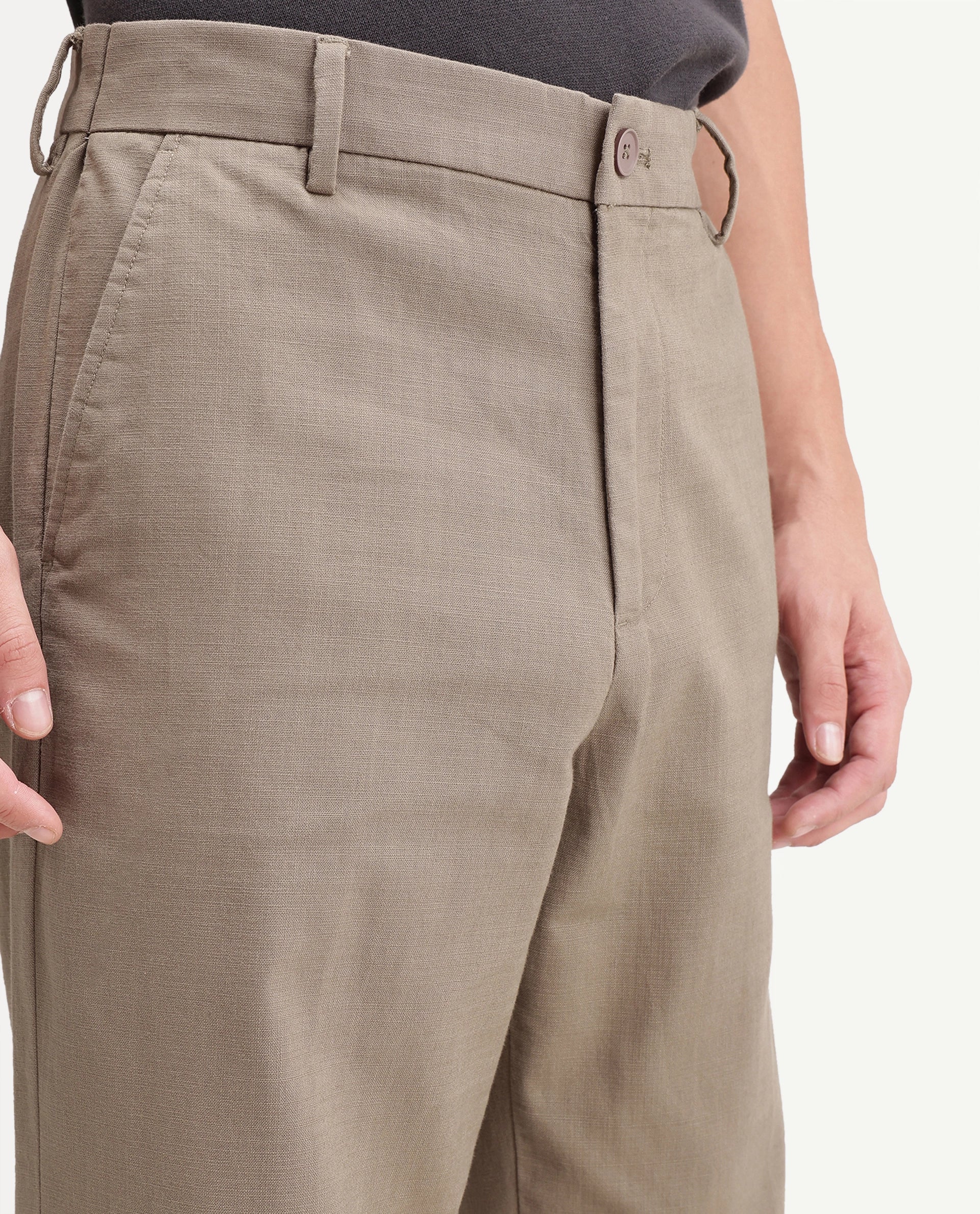 Rare Rabbit Men's Forge Dark Beige Linen Blend Fabric Regular Fit Plain Trouser